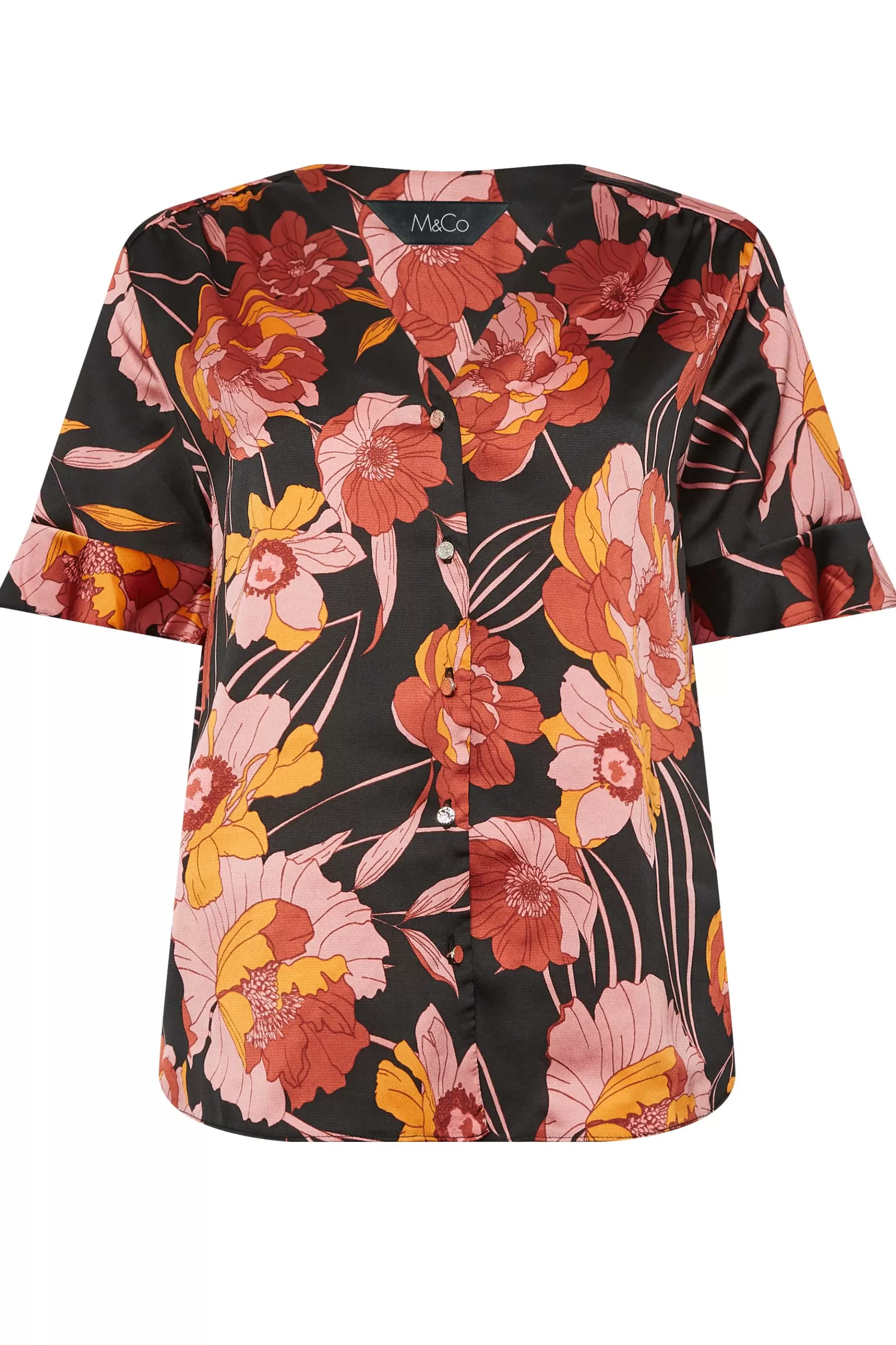 Women M&Co Shirts> Womens Black Floral Print Frill Sleeve Blouse