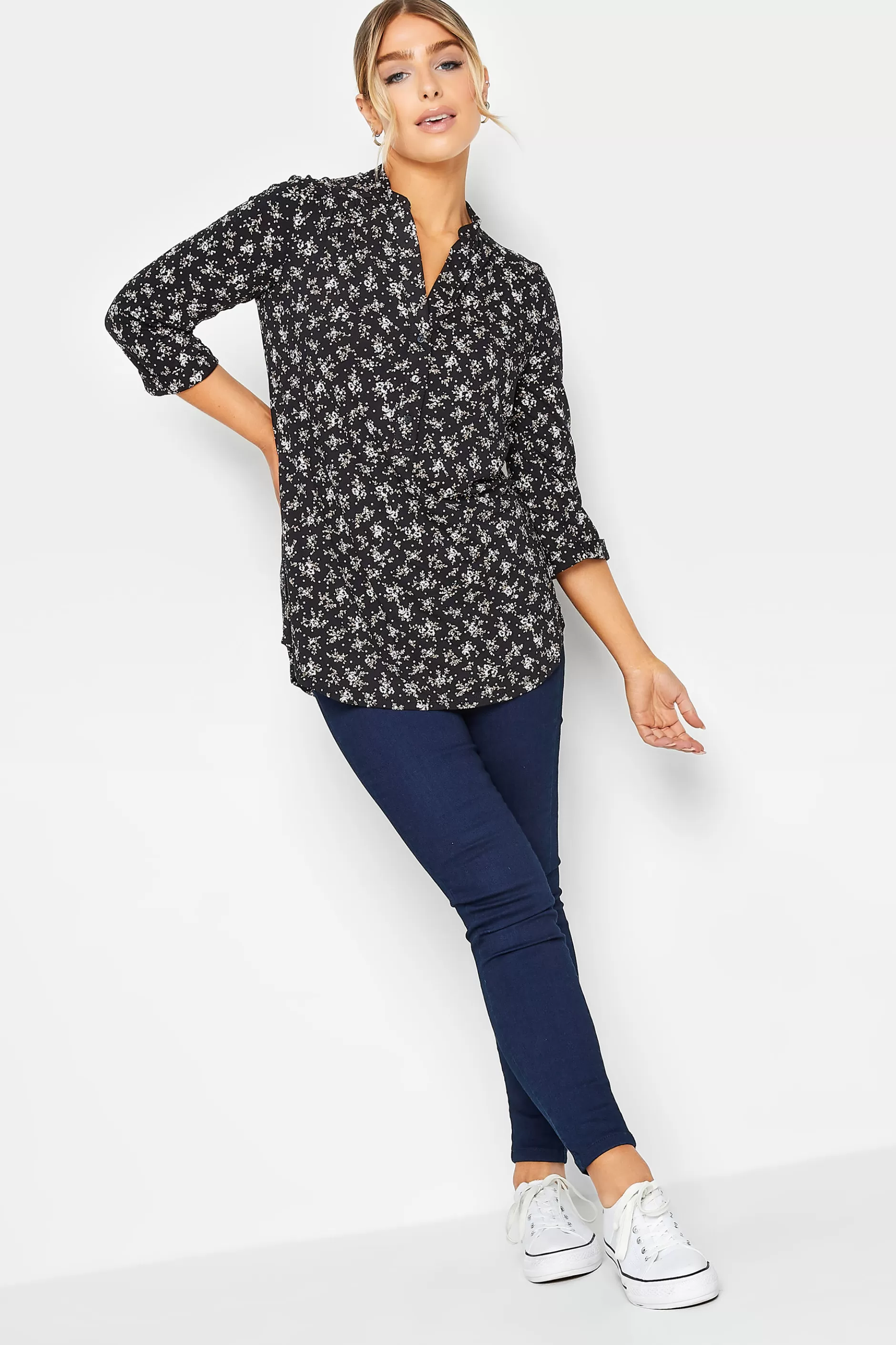 Women M&Co Shirts> Womens Black Floral Print Half Placket Jersey Shirt