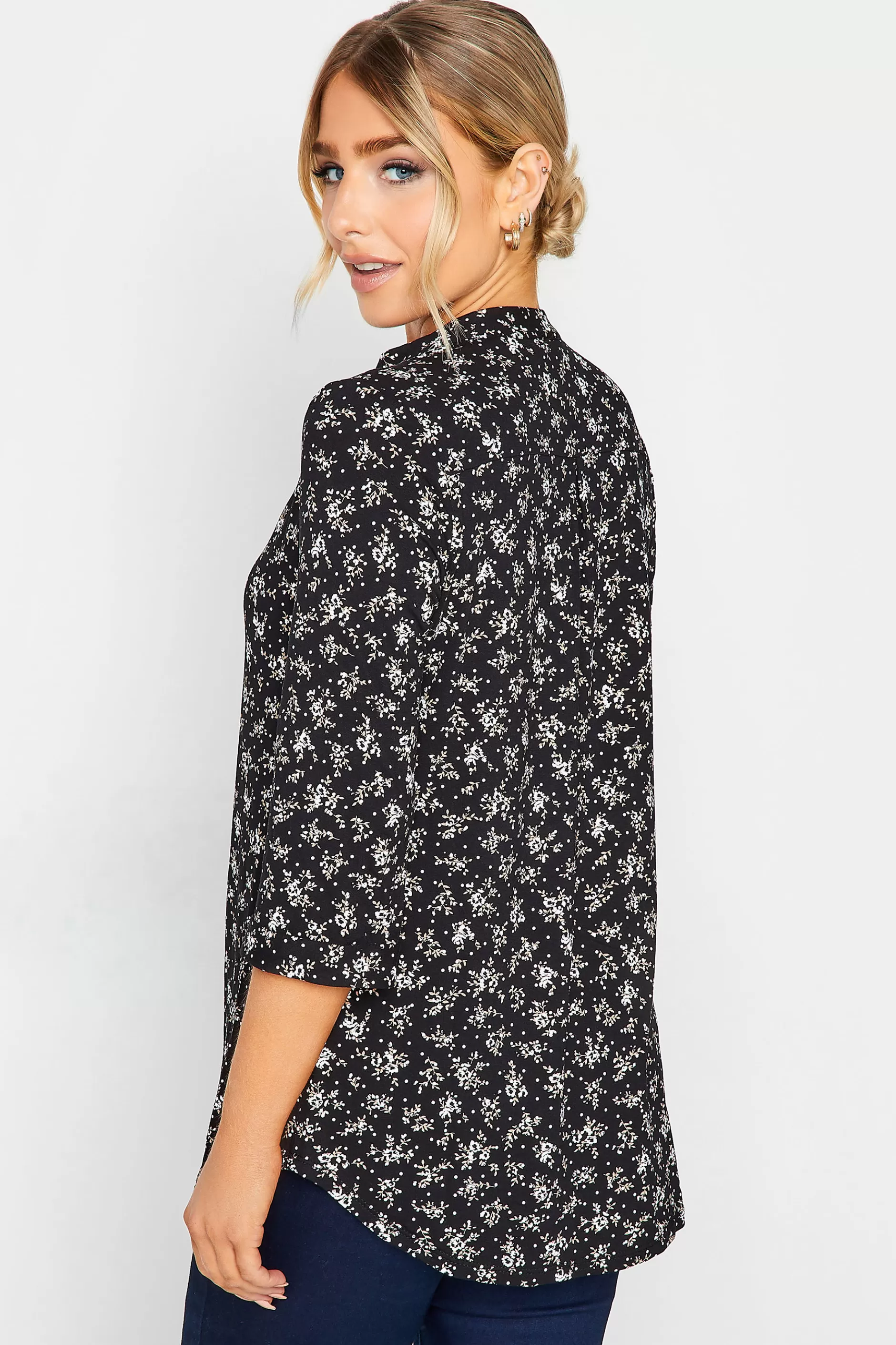 Women M&Co Shirts> Womens Black Floral Print Half Placket Jersey Shirt