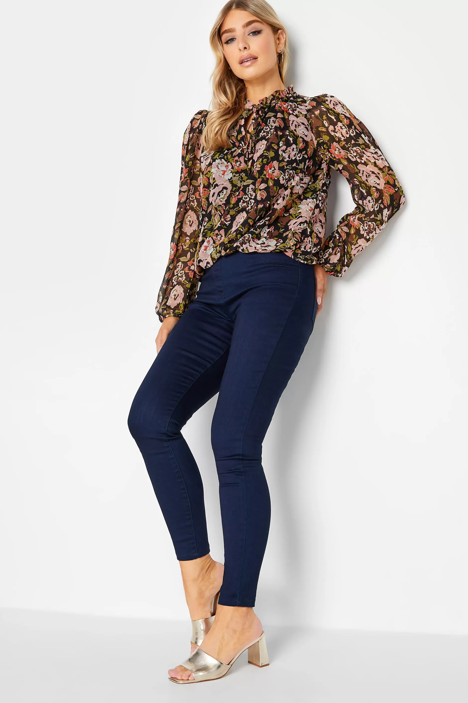 Women M&Co Blouses> Womens Black Floral Print High Neck Blouse