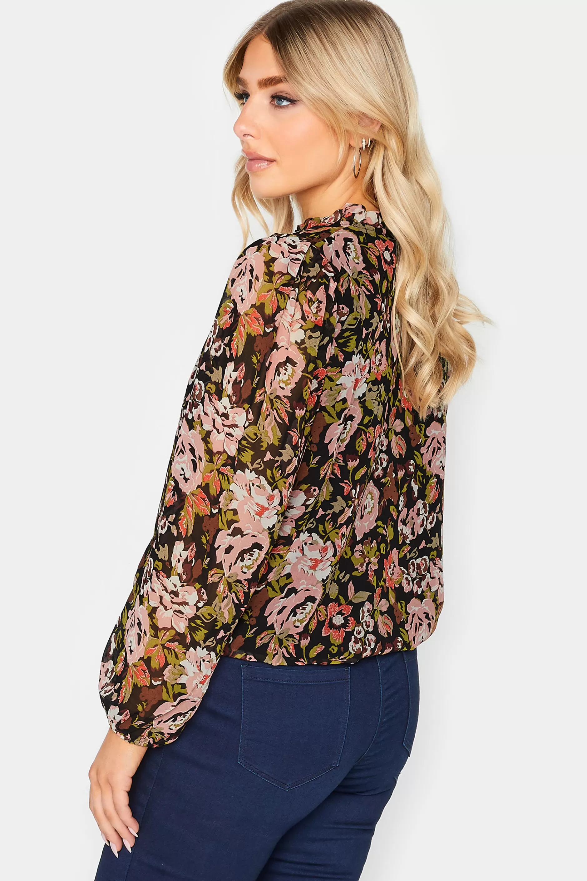 Women M&Co Blouses> Womens Black Floral Print High Neck Blouse