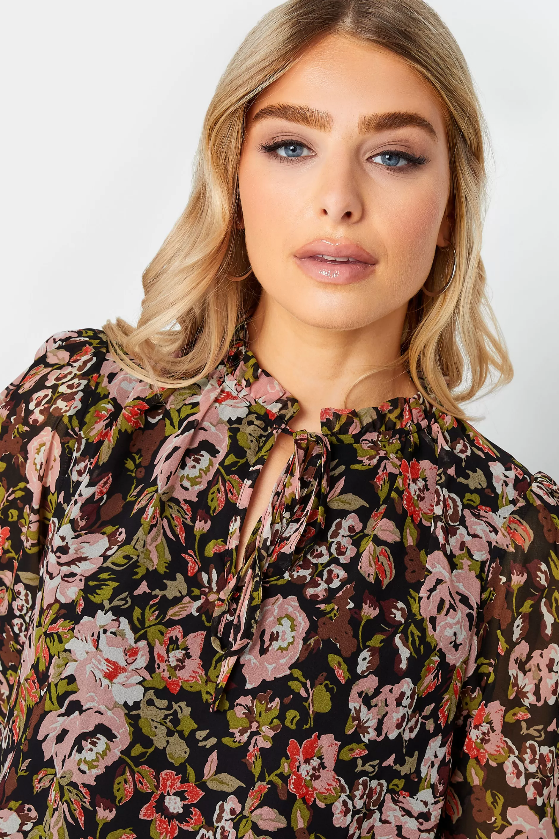 Women M&Co Blouses> Womens Black Floral Print High Neck Blouse