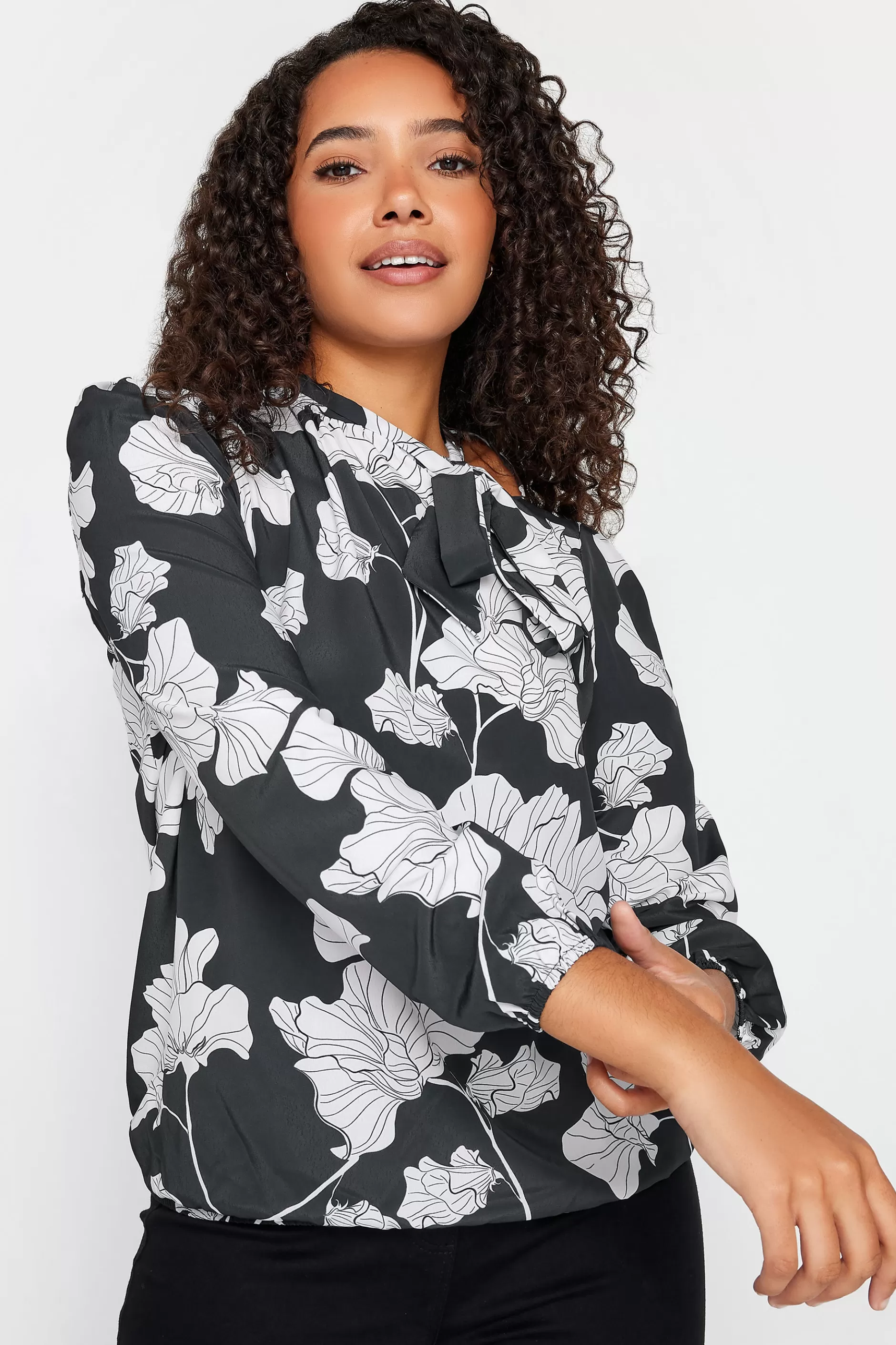 Women M&Co Blouses> Womens Black Floral Print Tie Neck Bubble Hem Blouse