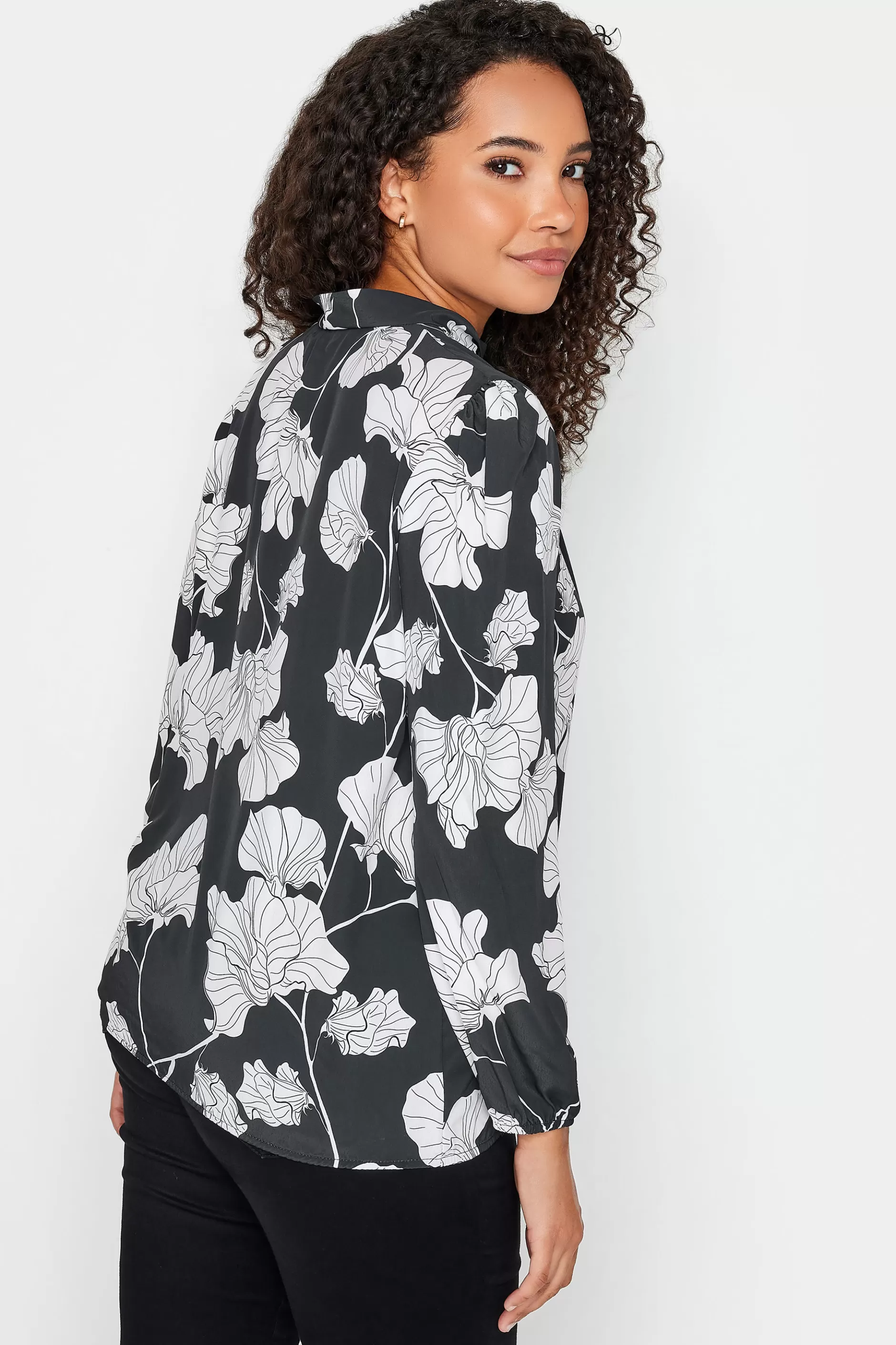 Women M&Co Blouses> Womens Black Floral Print Tie Neck Bubble Hem Blouse
