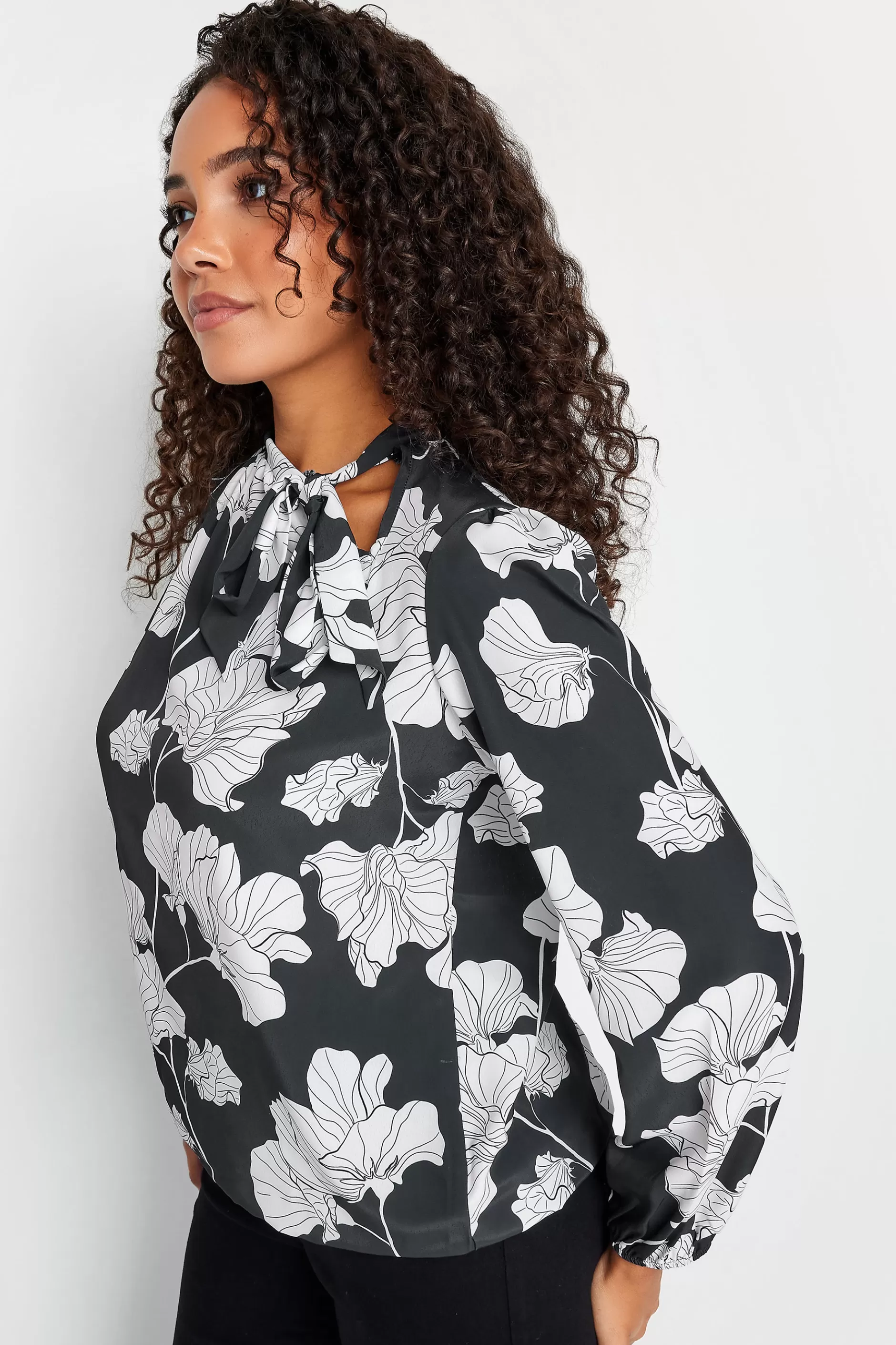 Women M&Co Blouses> Womens Black Floral Print Tie Neck Bubble Hem Blouse