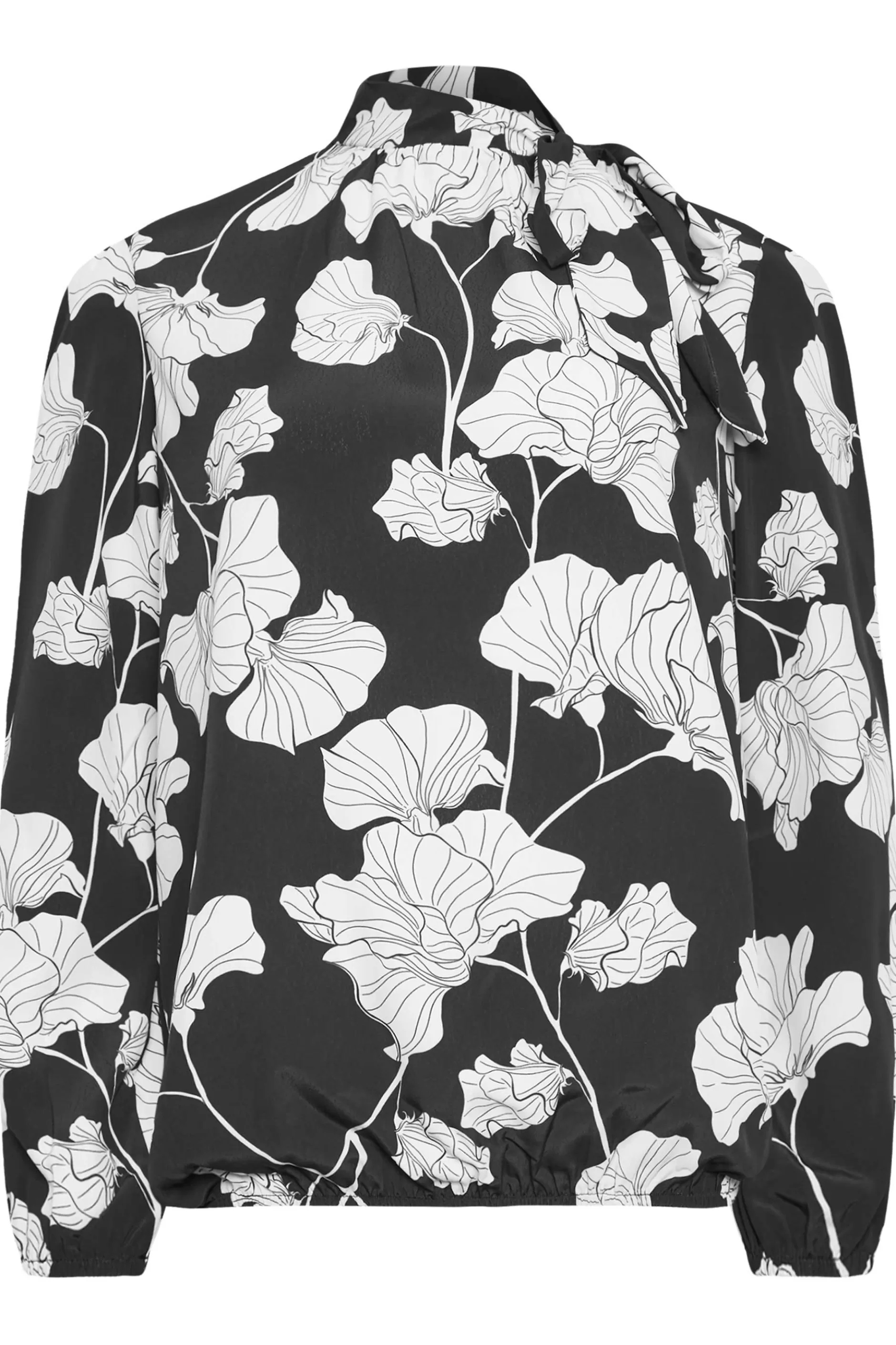Women M&Co Blouses> Womens Black Floral Print Tie Neck Bubble Hem Blouse