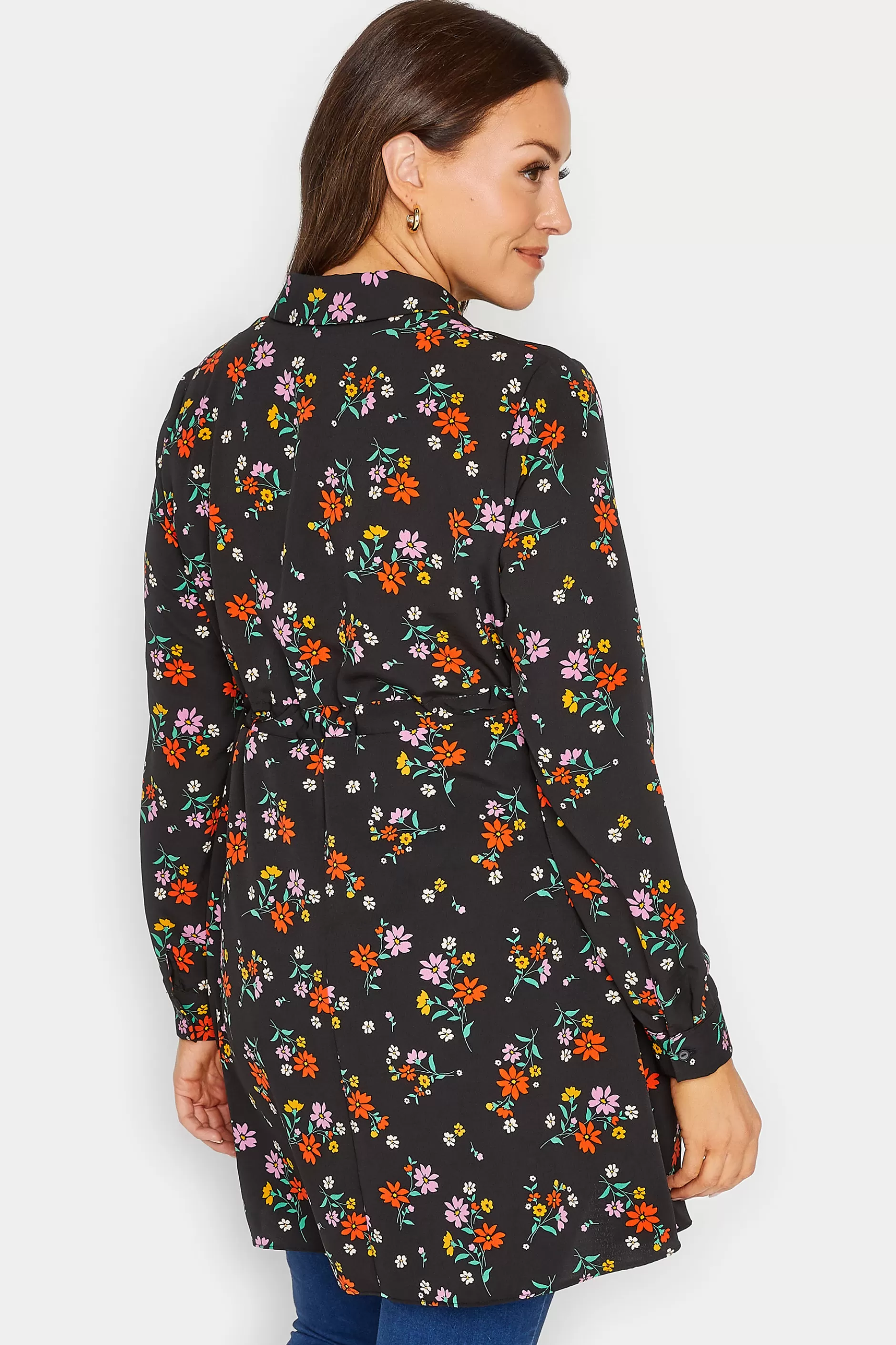 Women M&Co Shirts> Womens Black Floral Print Tie Waist Tunic Shirt
