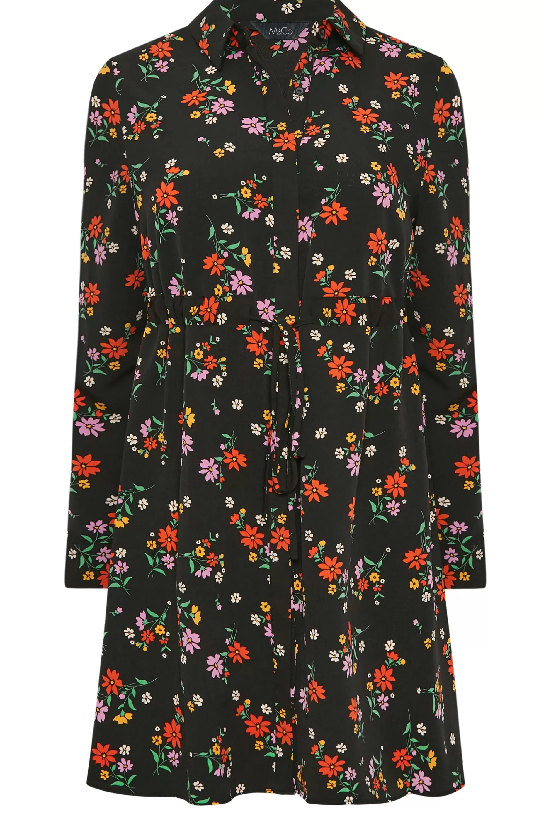 Women M&Co Shirts> Womens Black Floral Print Tie Waist Tunic Shirt