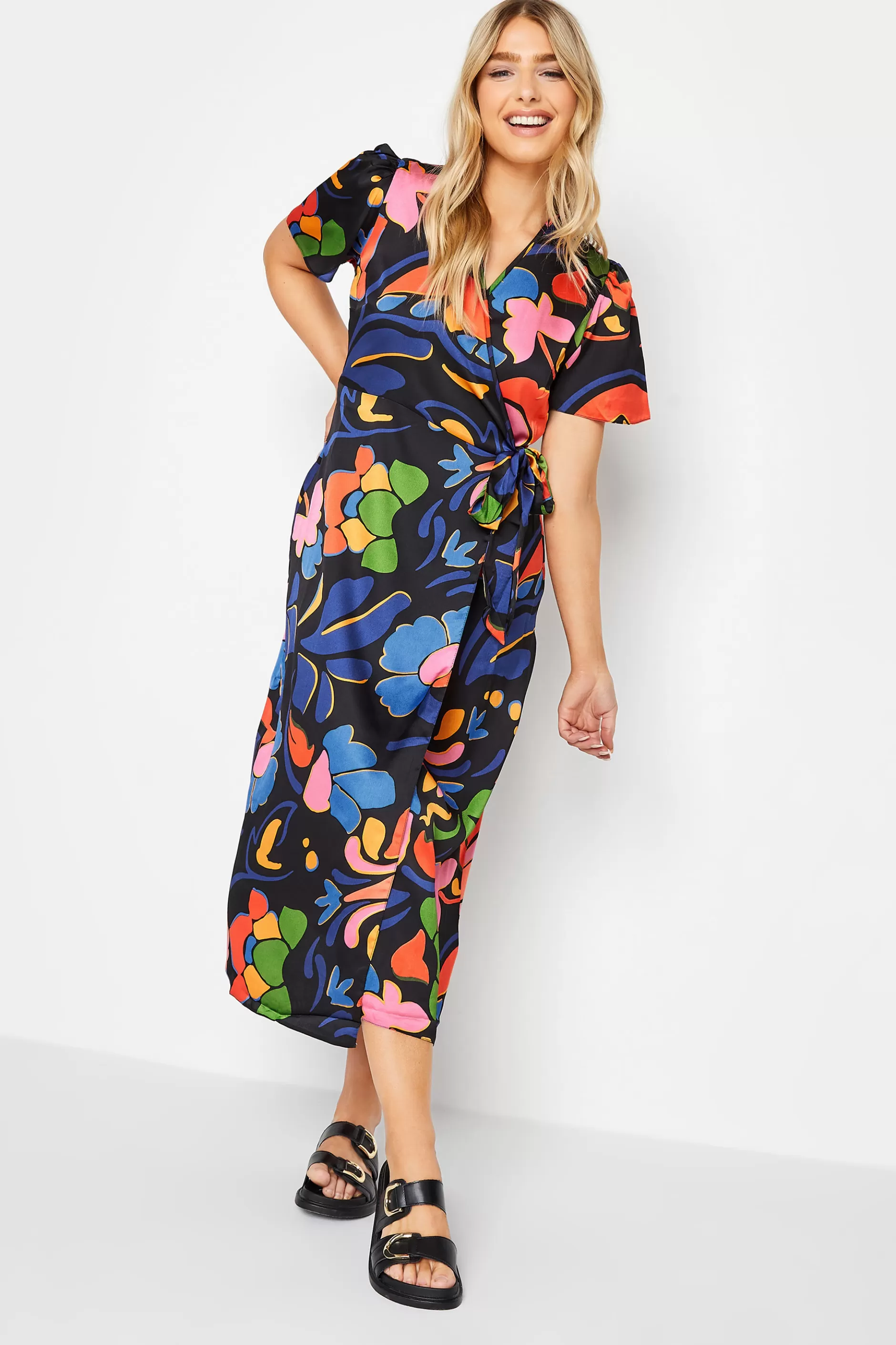 Women M&Co Wedding Guest Dresses> Womens Black Floral Print Wrap Dress