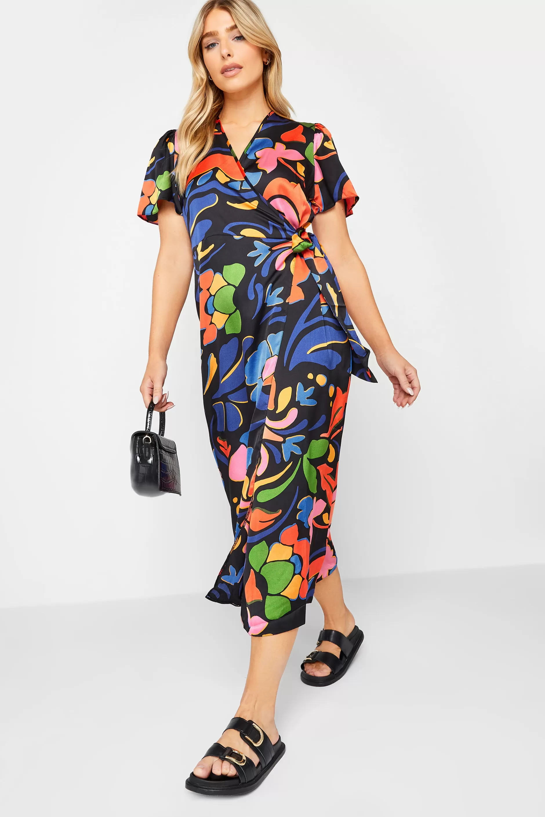 Women M&Co Wedding Guest Dresses> Womens Black Floral Print Wrap Dress