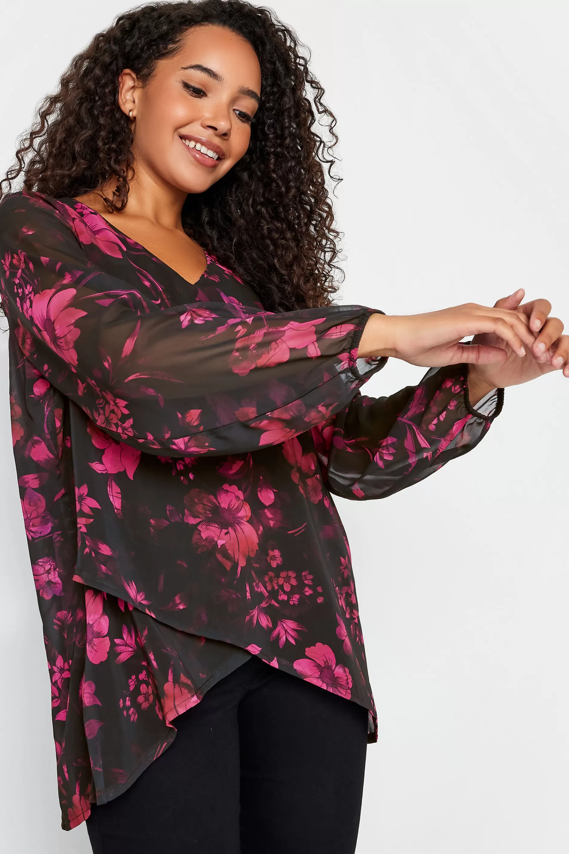 Women M&Co Long Sleeve Tops> Womens Black Floral Print Wrap Hem Blouse