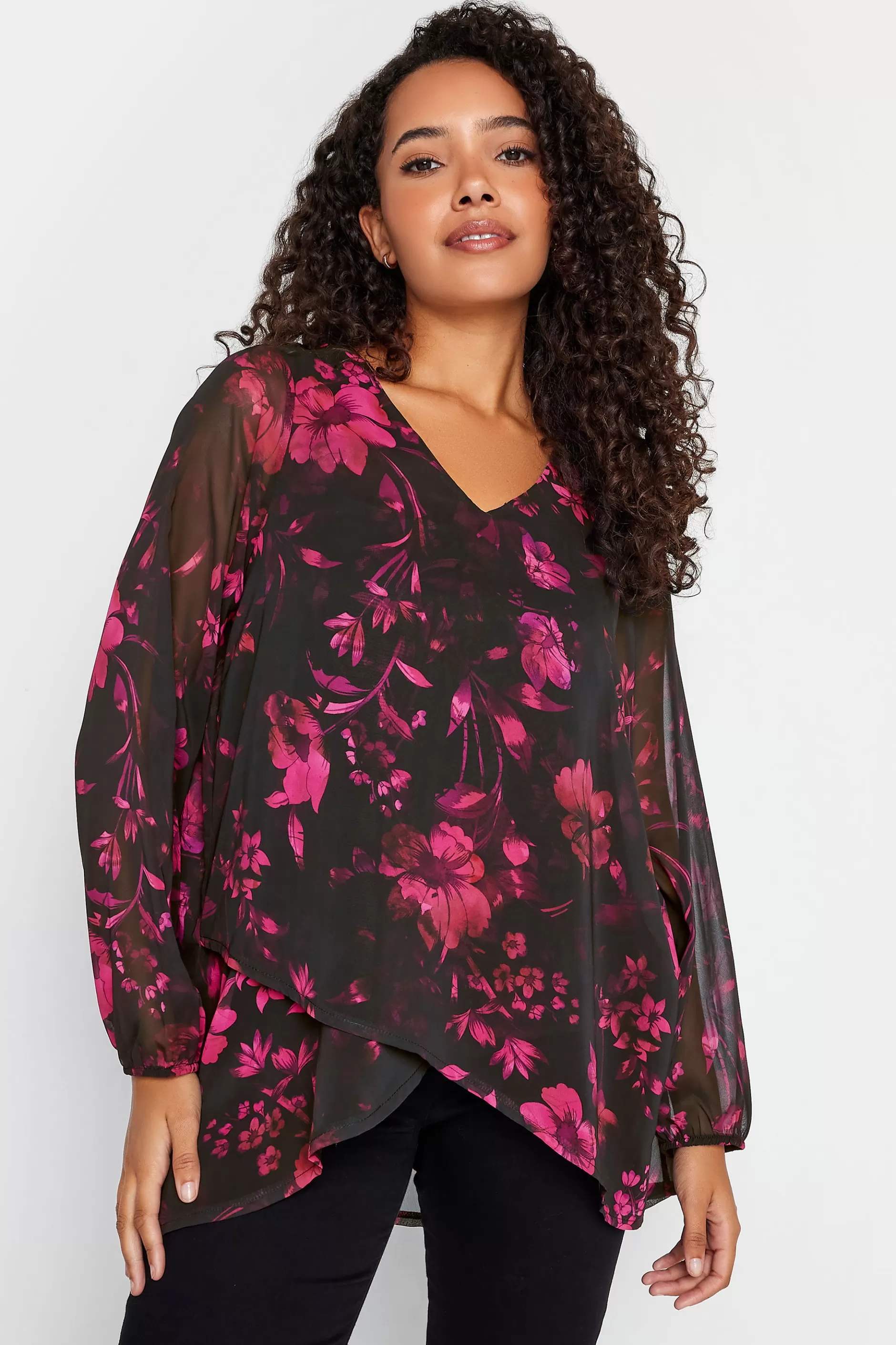 Women M&Co Long Sleeve Tops> Womens Black Floral Print Wrap Hem Blouse