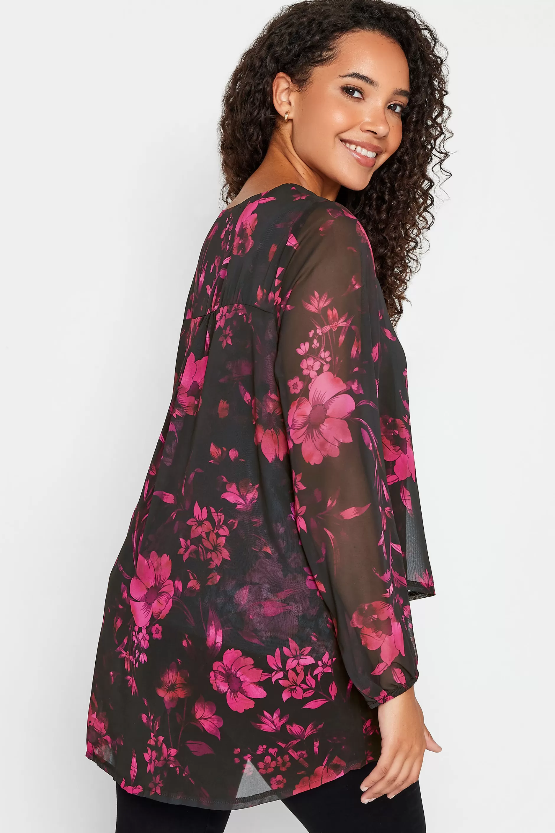 Women M&Co Long Sleeve Tops> Womens Black Floral Print Wrap Hem Blouse