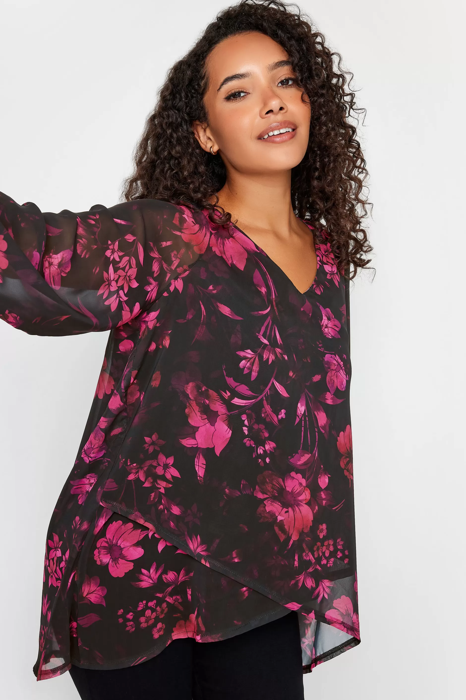 Women M&Co Long Sleeve Tops> Womens Black Floral Print Wrap Hem Blouse