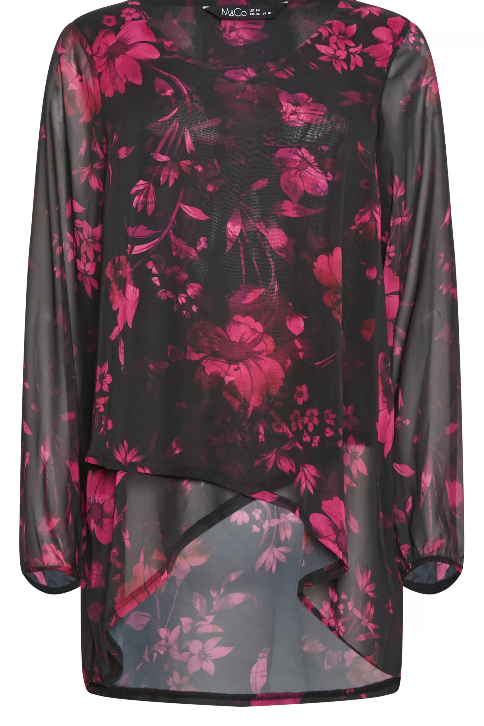 Women M&Co Long Sleeve Tops> Womens Black Floral Print Wrap Hem Blouse