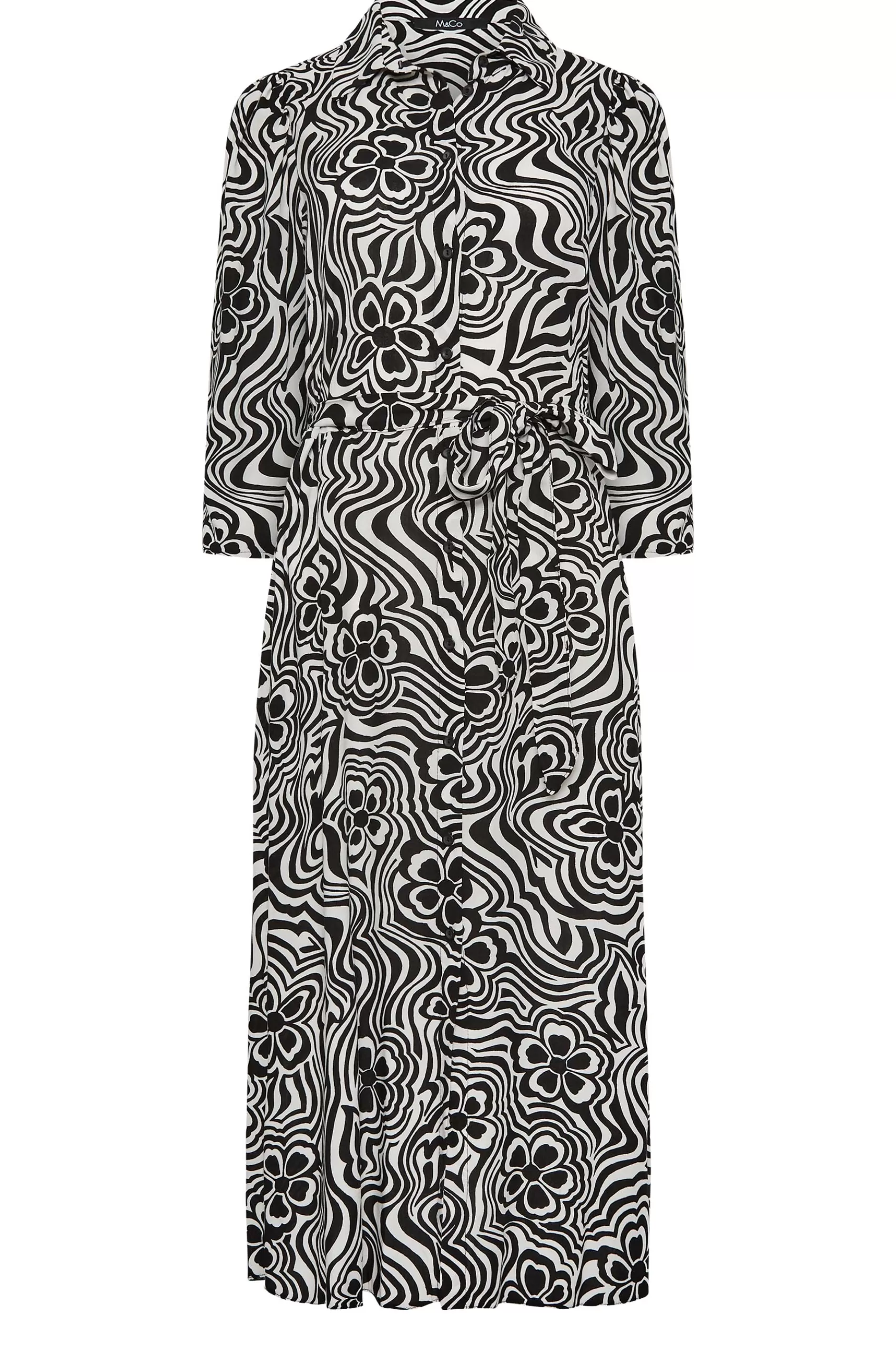 Women M&Co Shirt Dresses> Womens Black Floral Swirl Print Midaxi Shirt Dress