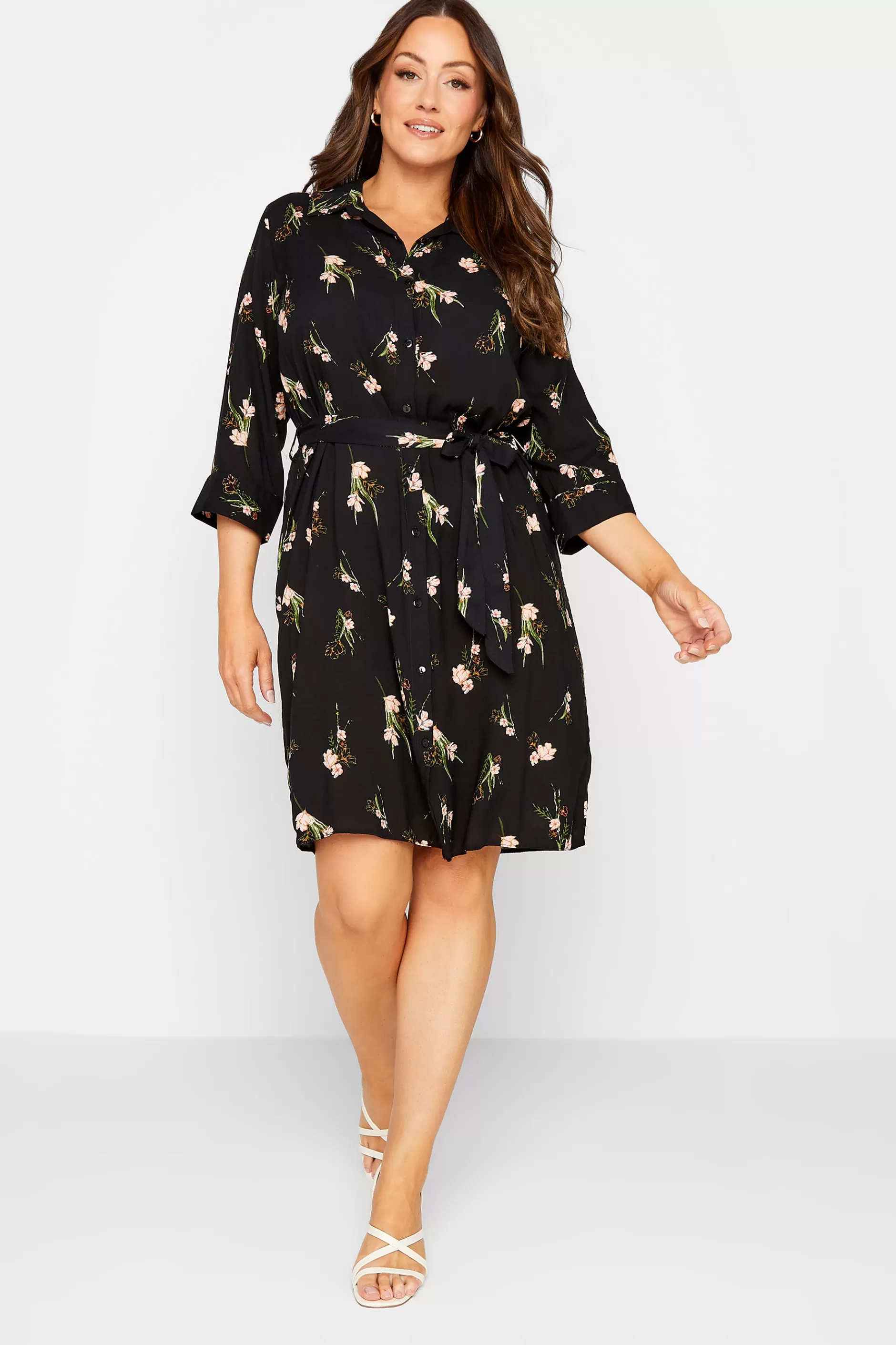 Women M&Co Shirt Dresses> Womens Black Floral Tie Tunic Shirt