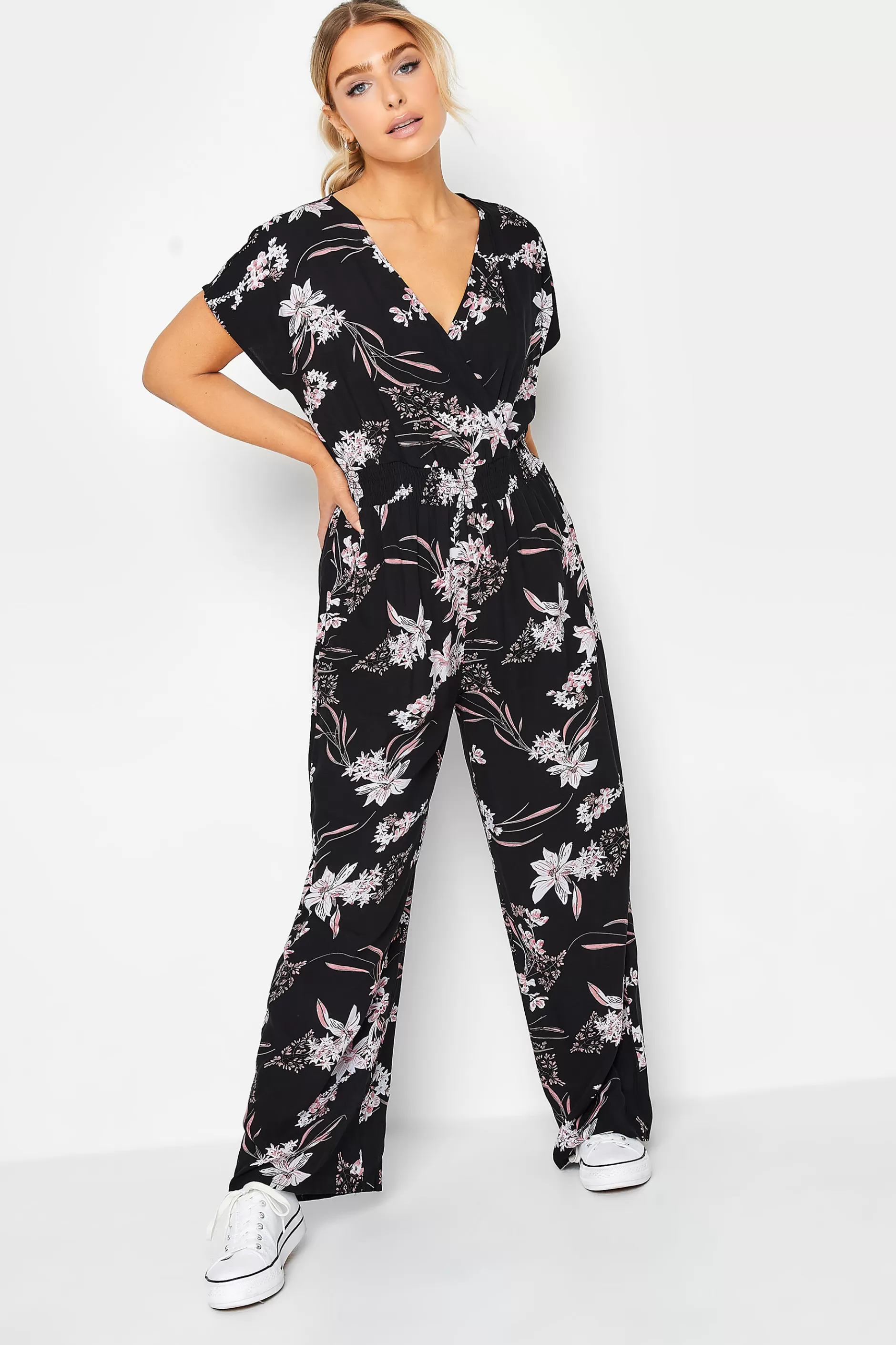 Women M&Co Maxi Dresses> Womens Black Floral Wrap Jumpsuit