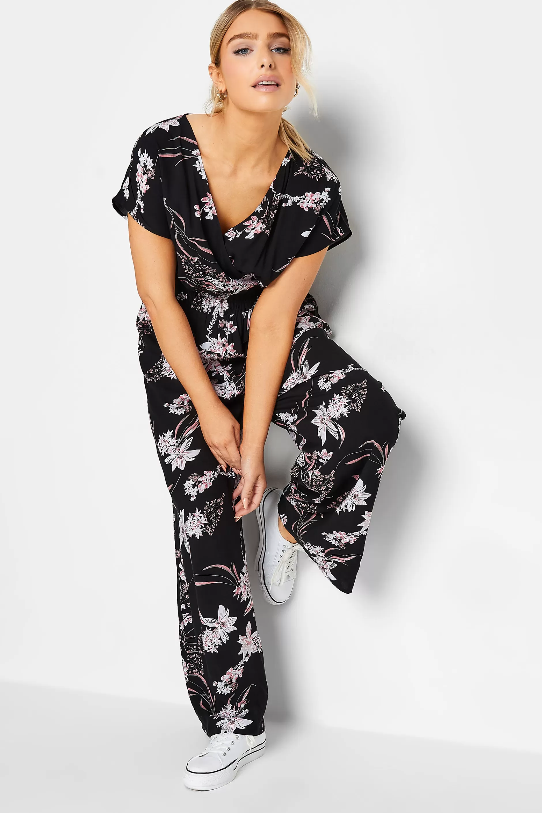 Women M&Co Maxi Dresses> Womens Black Floral Wrap Jumpsuit