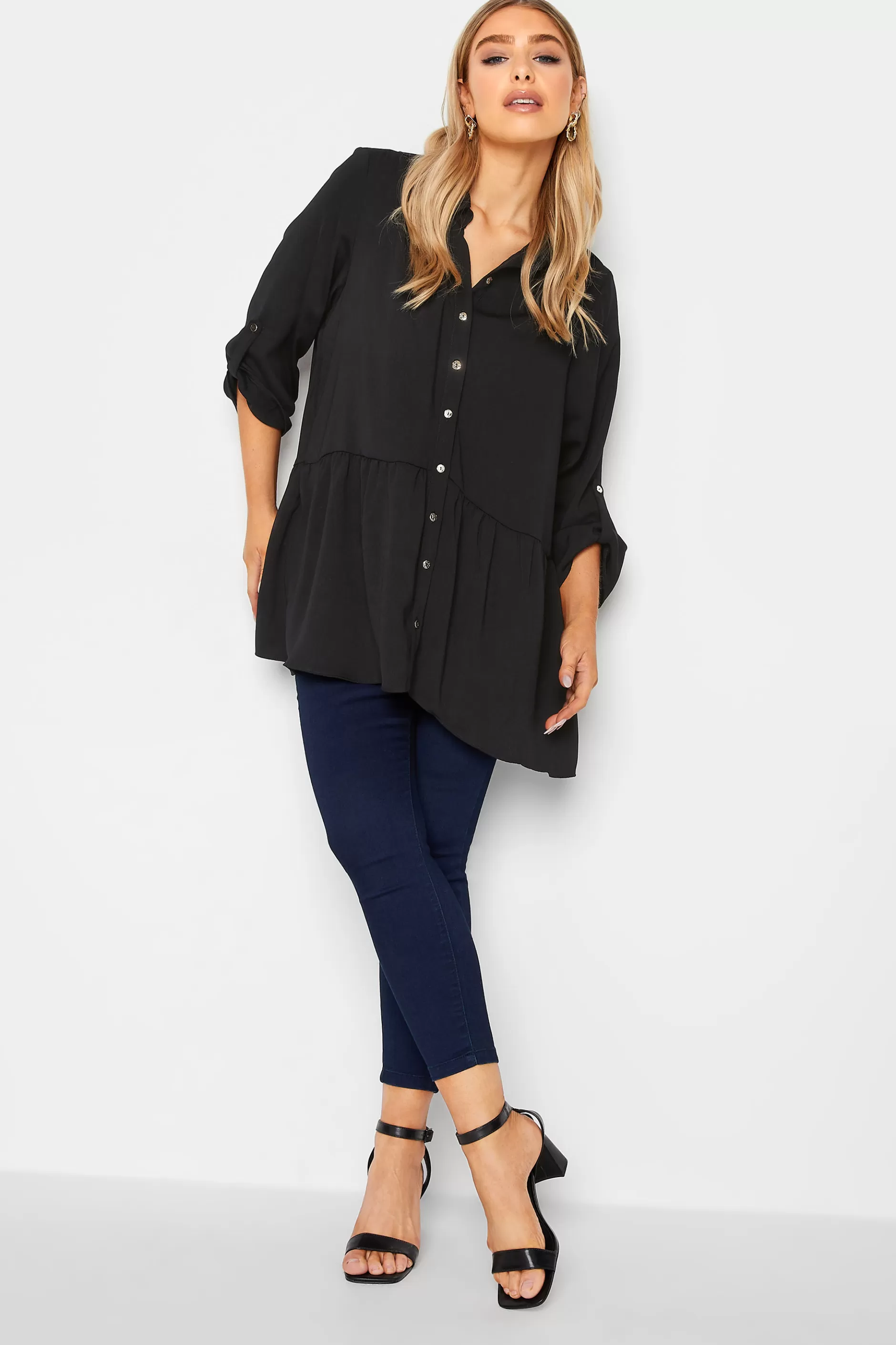 Women M&Co Shirts> Womens Black Frill Hem Tab Sleeve Shirt