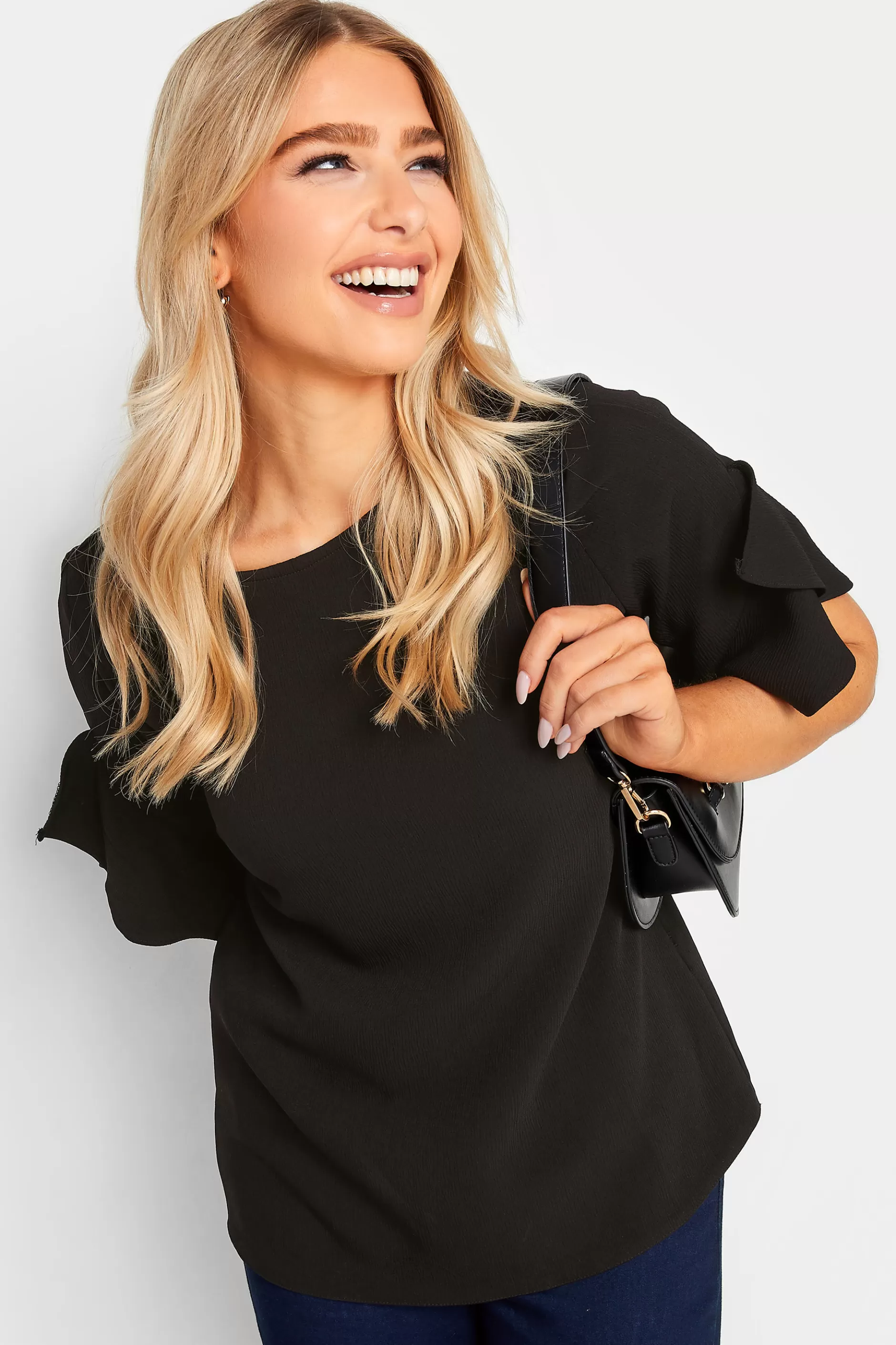 Women M&Co Short Sleeve Tops> Womens Black Frill Sleeve Blouse