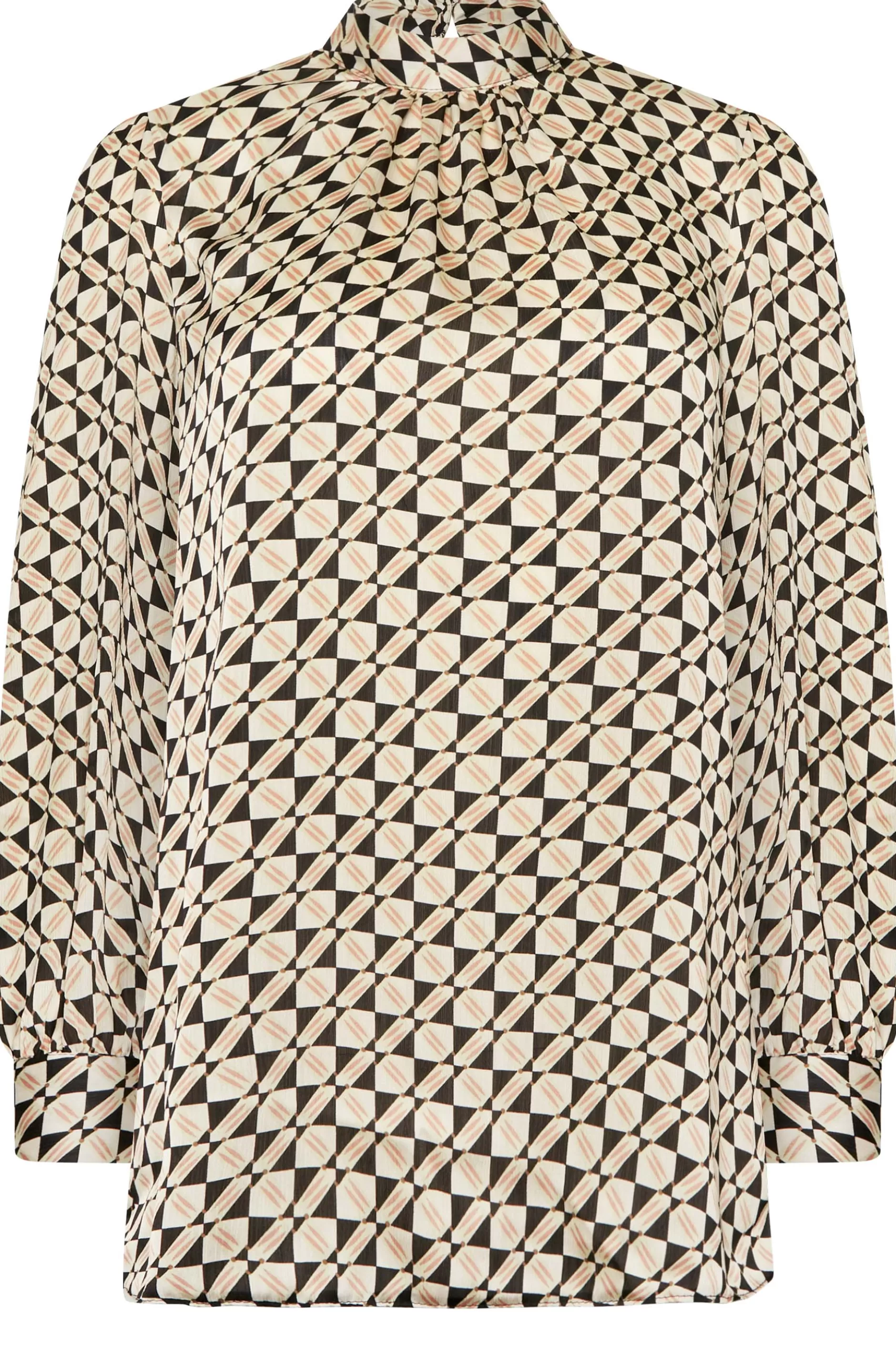 Women M&Co Long Sleeve Tops> Womens Black Geometric Print High Neck Satin Blouse