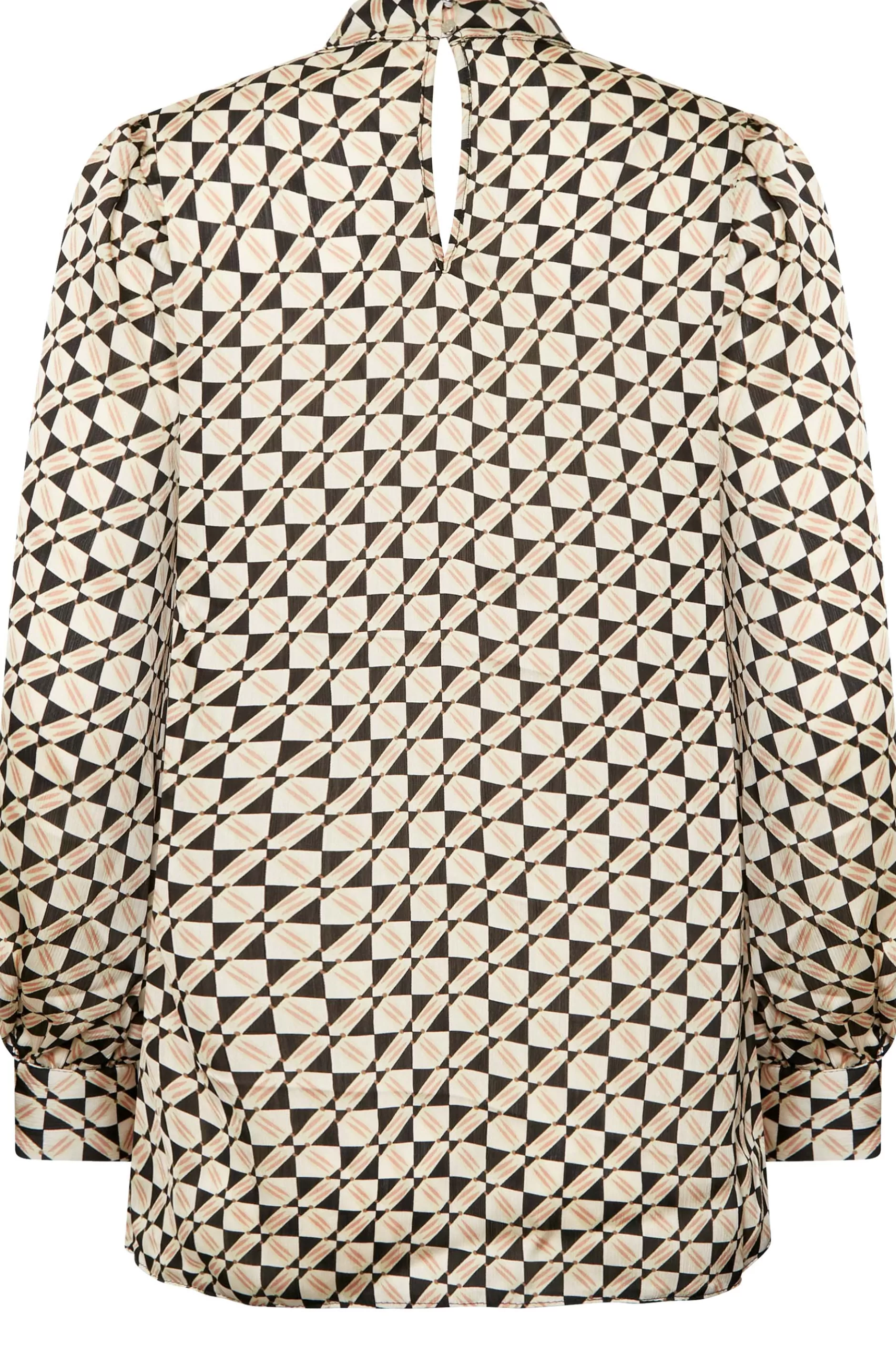 Women M&Co Long Sleeve Tops> Womens Black Geometric Print High Neck Satin Blouse