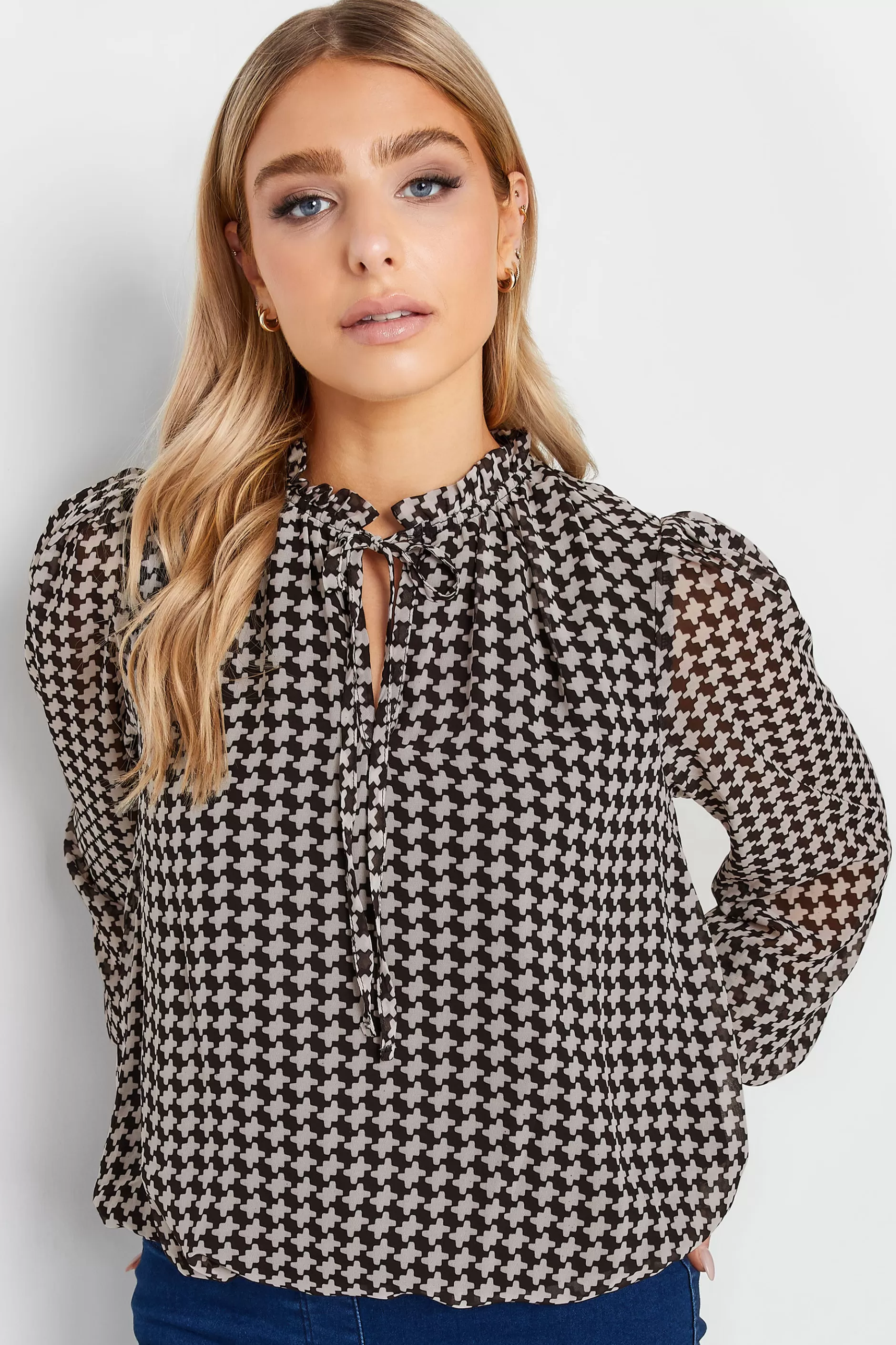 Women M&Co Long Sleeve Tops> Womens Black Geometric Print Tie Neck Blouse