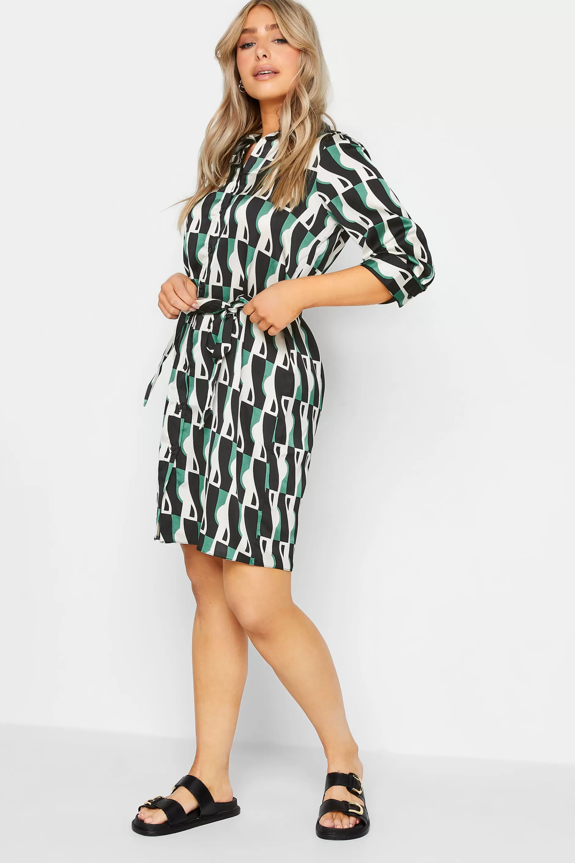 Women M&Co Shirt Dresses> Womens Black Geometric Print Tie Tunic Shirt Dress