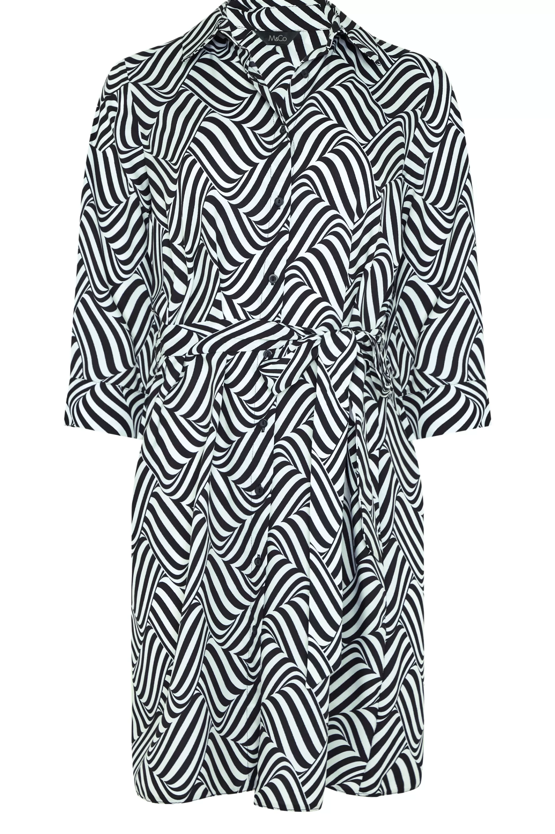 Women M&Co Shirt Dresses> Womens Black Geometric Print Tie Waist Shirt Dress