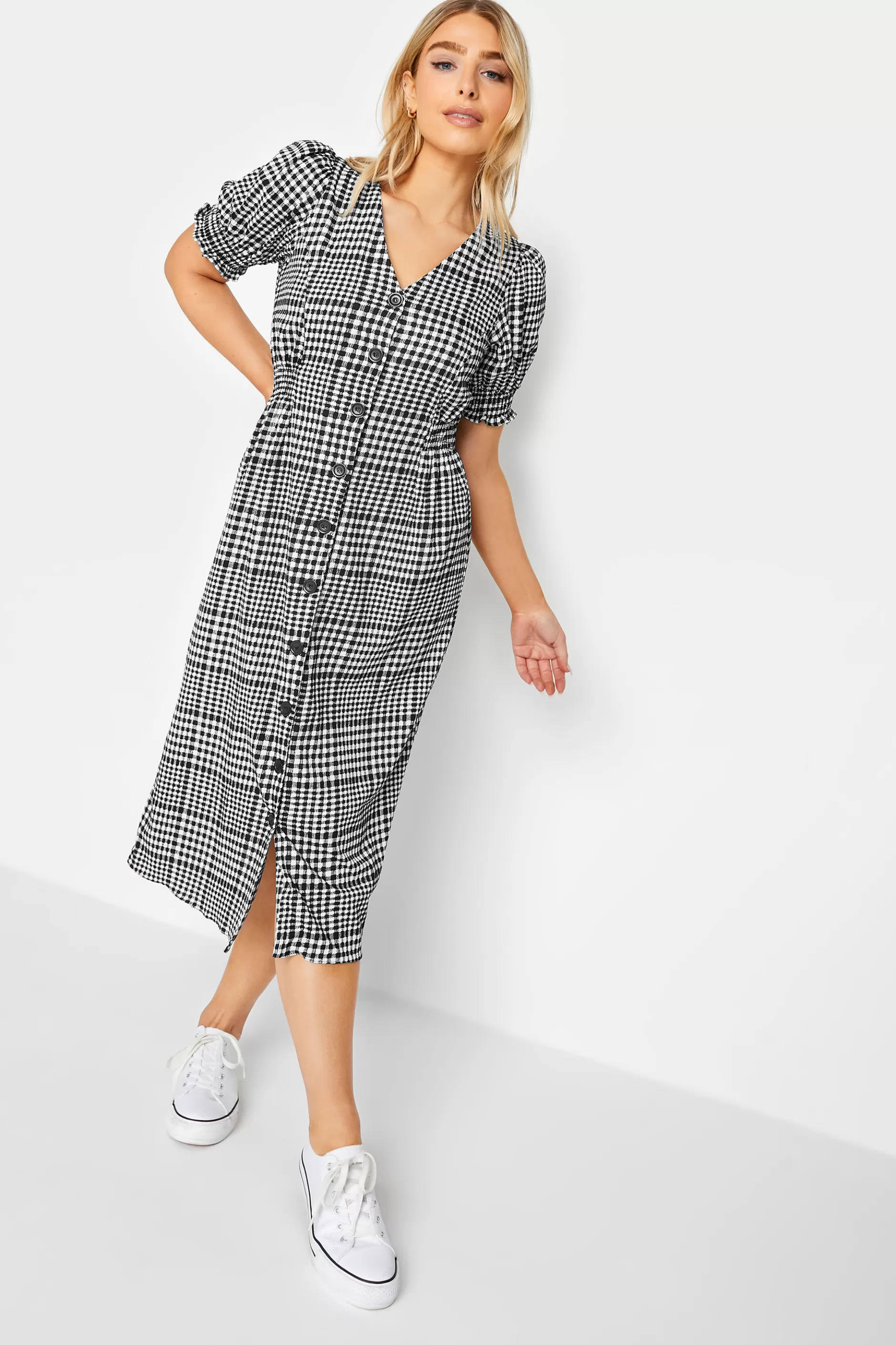 Women M&Co Midi Dresses> Womens Black Gingham Print Midi Dress