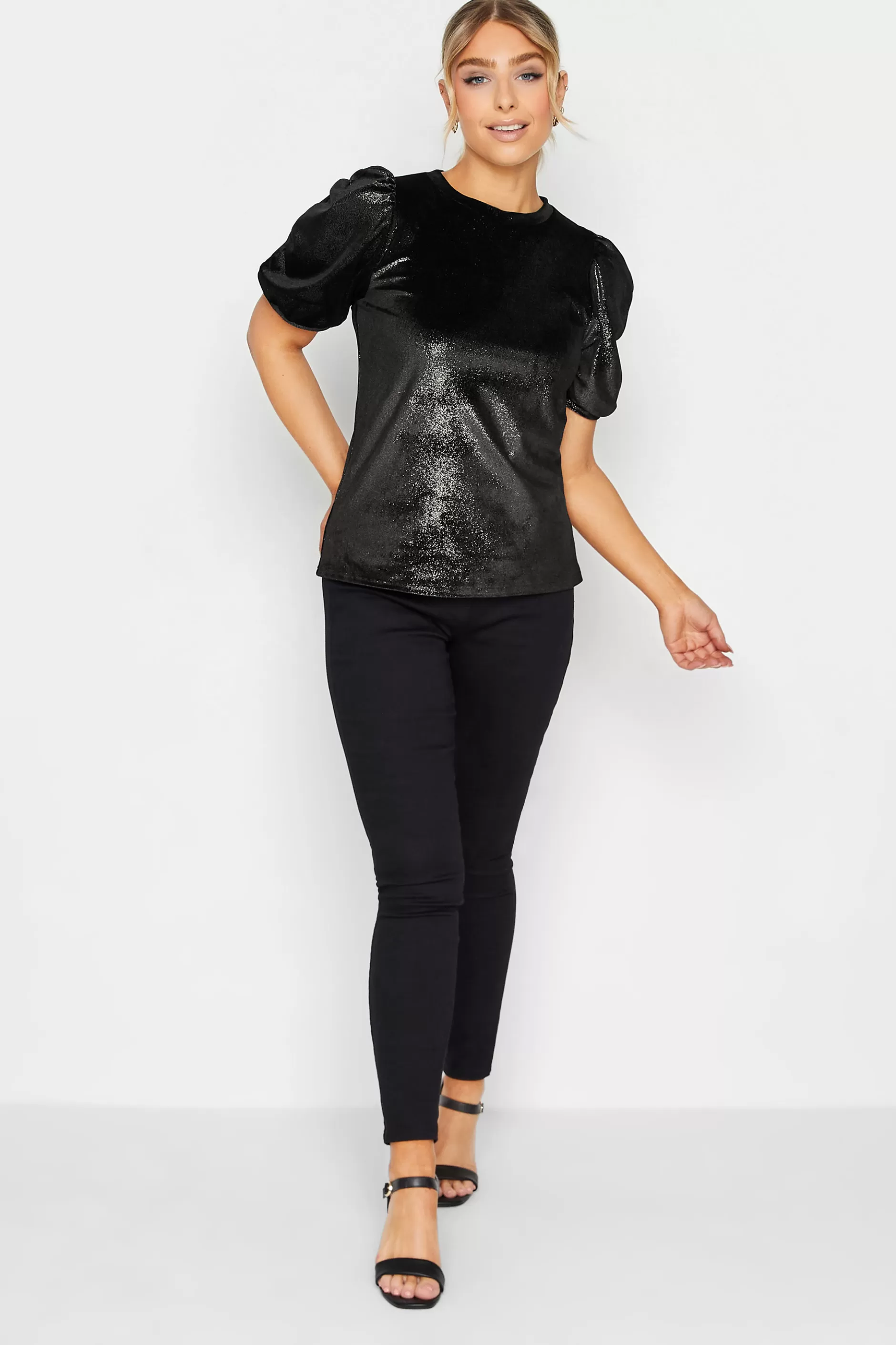 Women M&Co Blouses> Womens Black Glitter Velvet Touch Ruched Sleeve Blouse