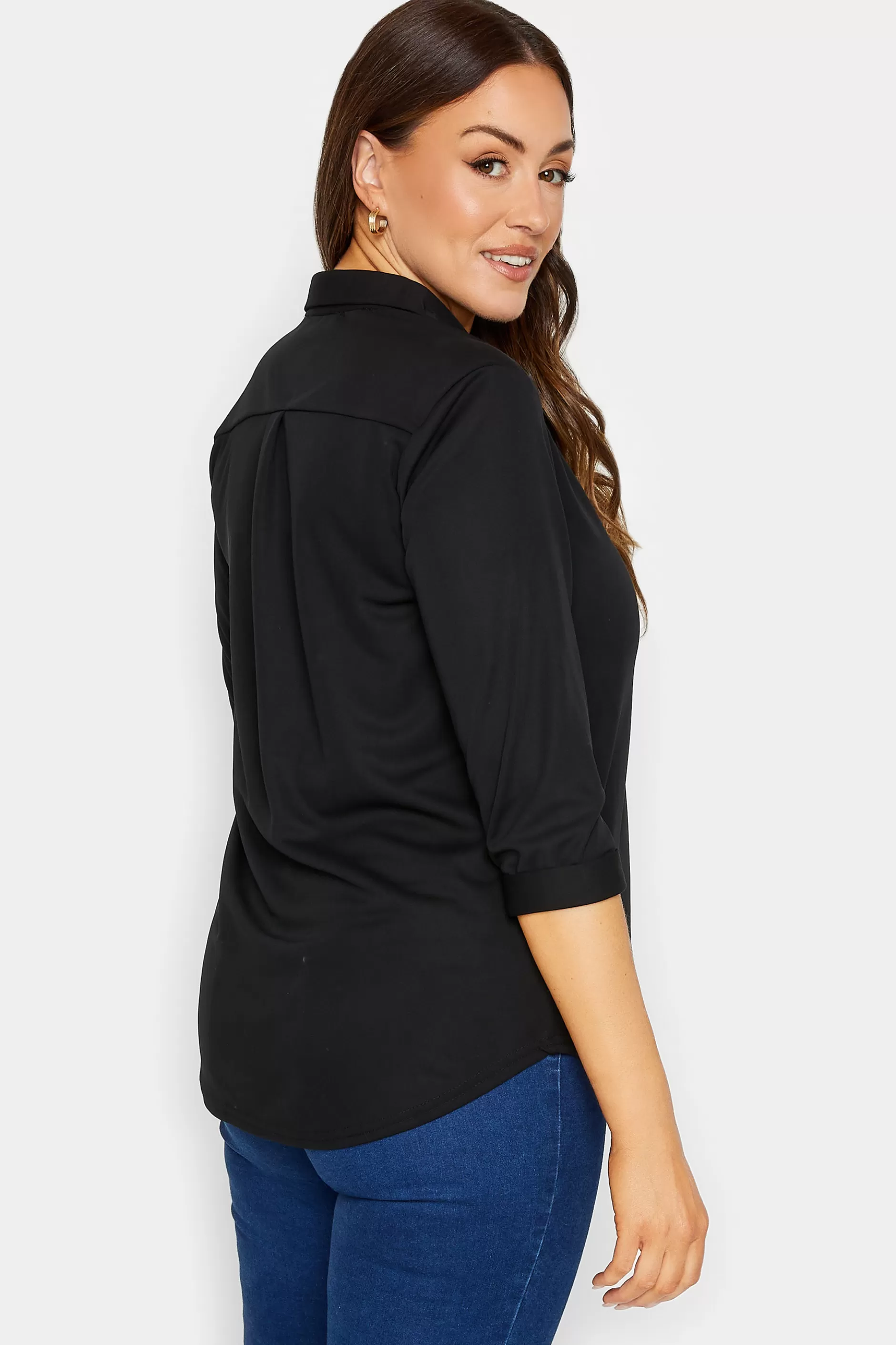 Women M&Co Shirts> Womens Black Half Placket Jersey Open Collar Shirt