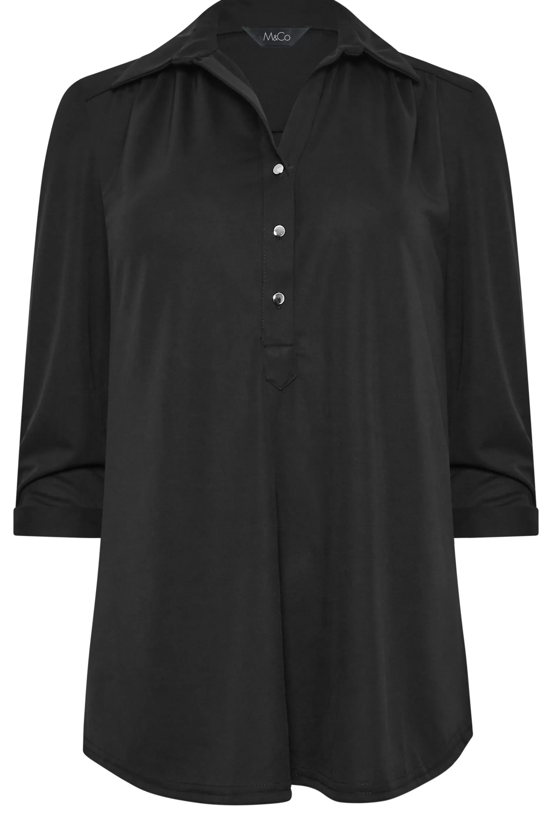 Women M&Co Shirts> Womens Black Half Placket Jersey Open Collar Shirt