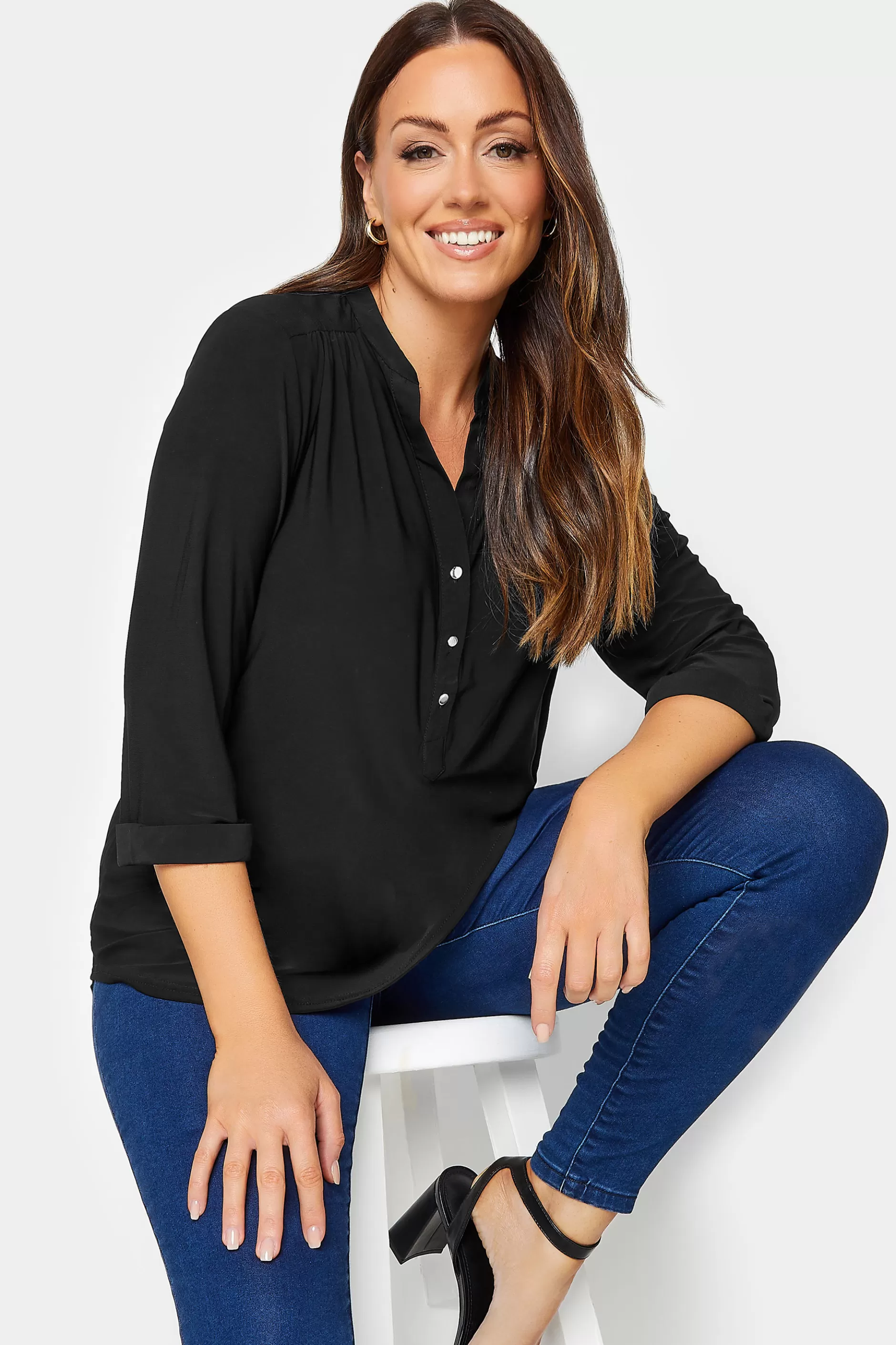 Women M&Co Shirts> Womens Black Half Placket Jersey Shirt