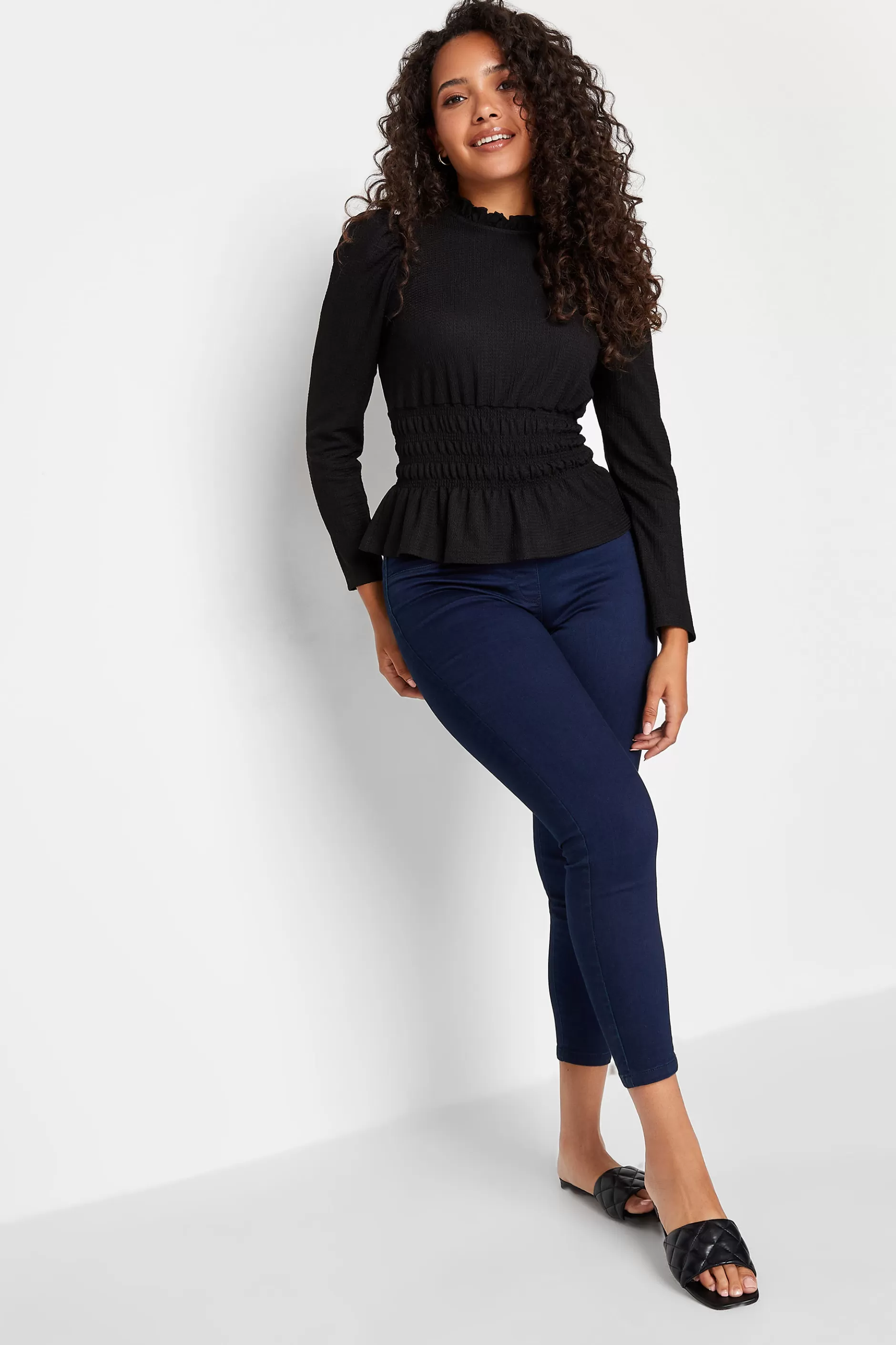 Women M&Co Long Sleeve Tops> Womens Black High Frill Neck Blouse