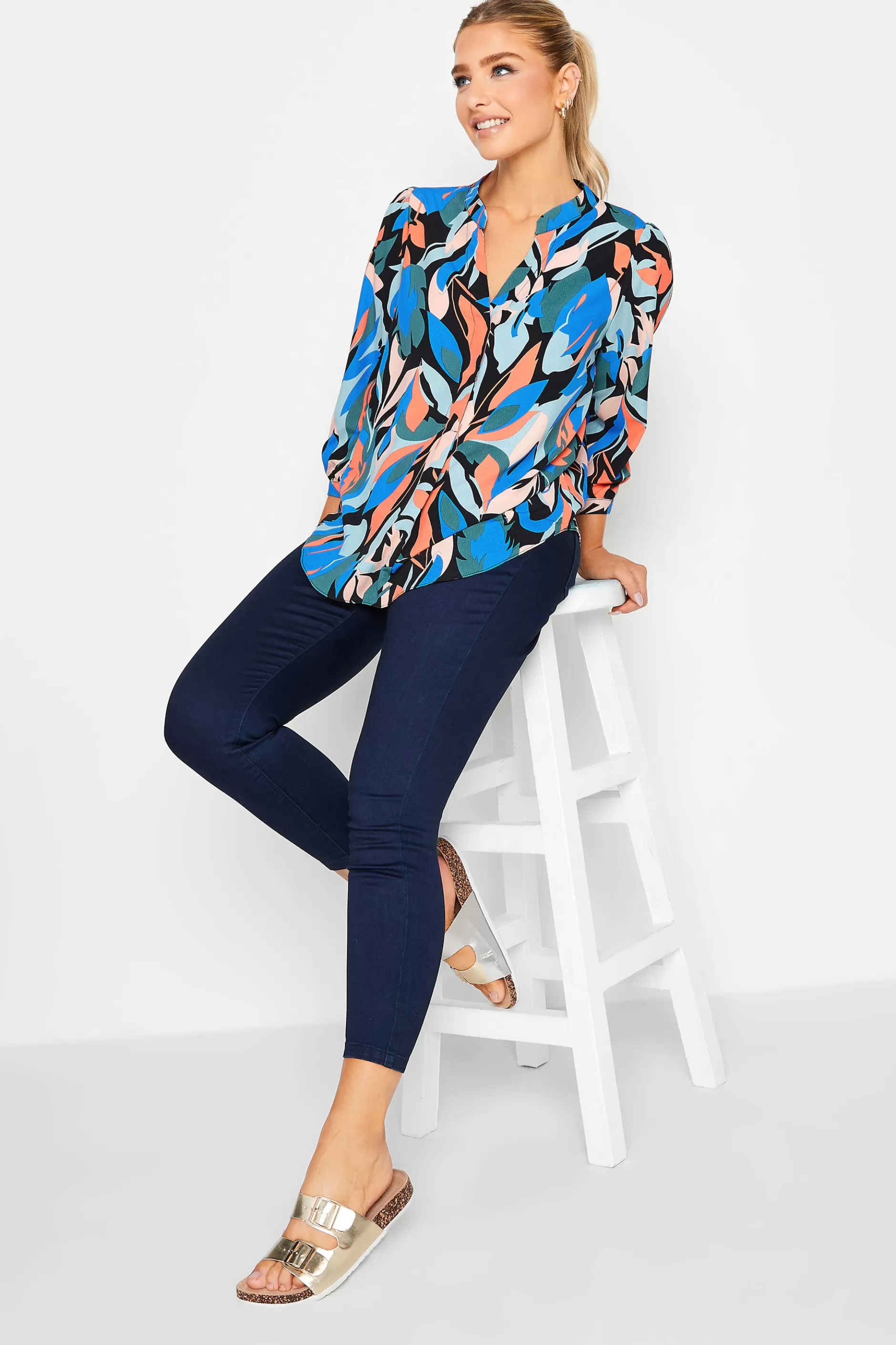 Women M&Co Shirts> Womens Black Leaf Print Half Placket Shirt