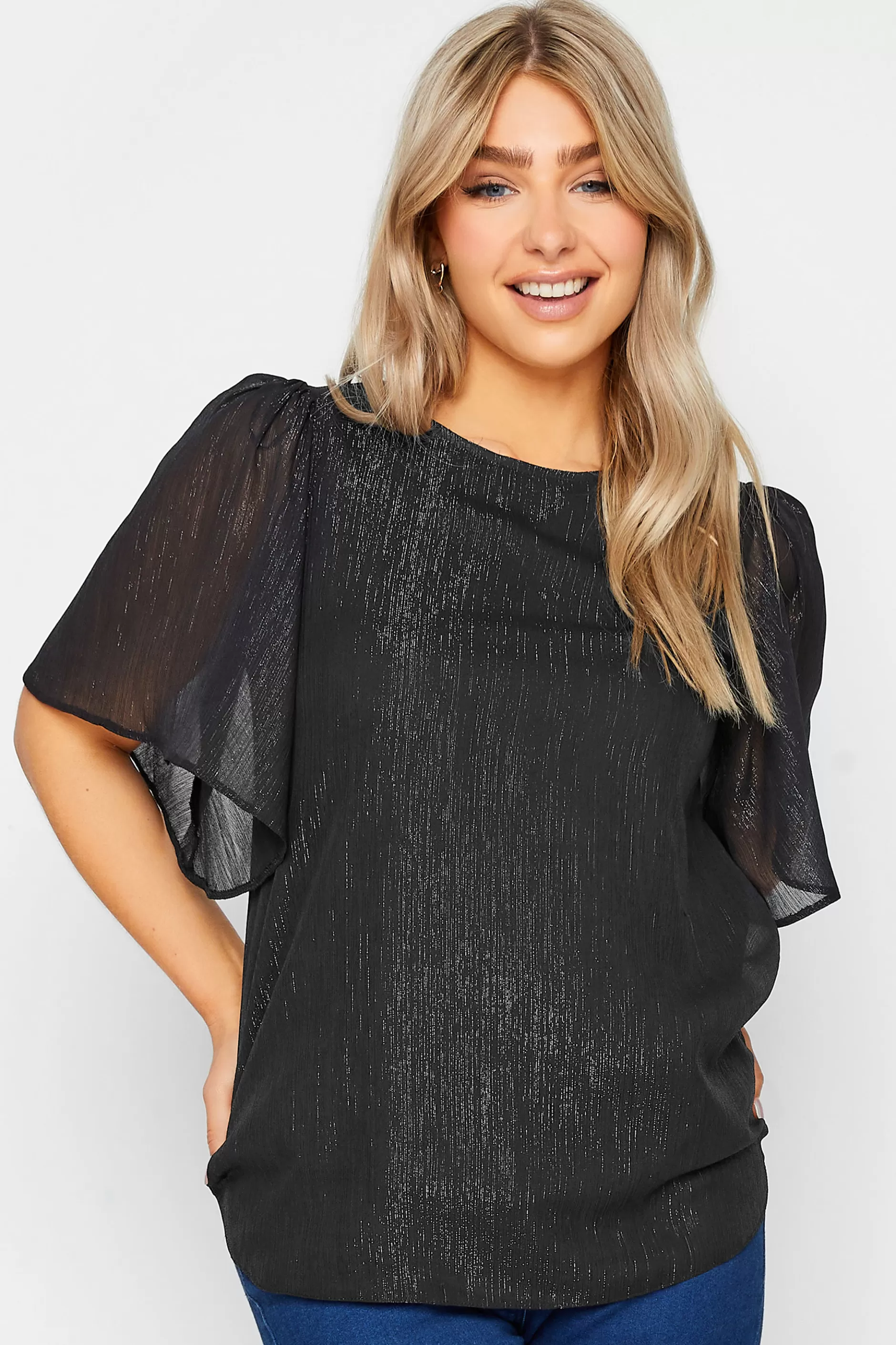 Women M&Co Shirts> Womens Black Metallic Angel Sleeve Blouse