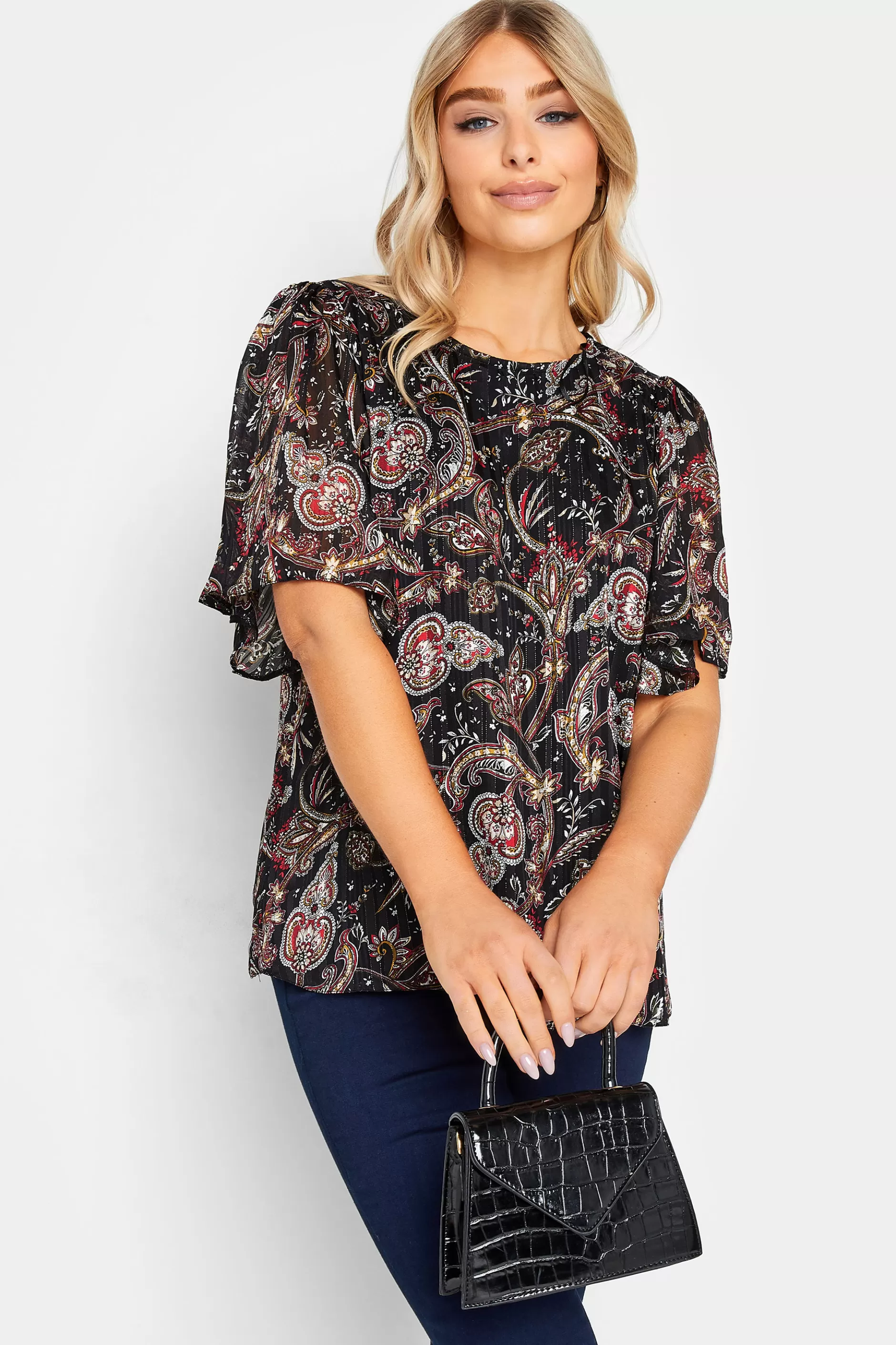 Women M&Co Blouses> Womens Black Paisley Print Angel Sleeve Blouse