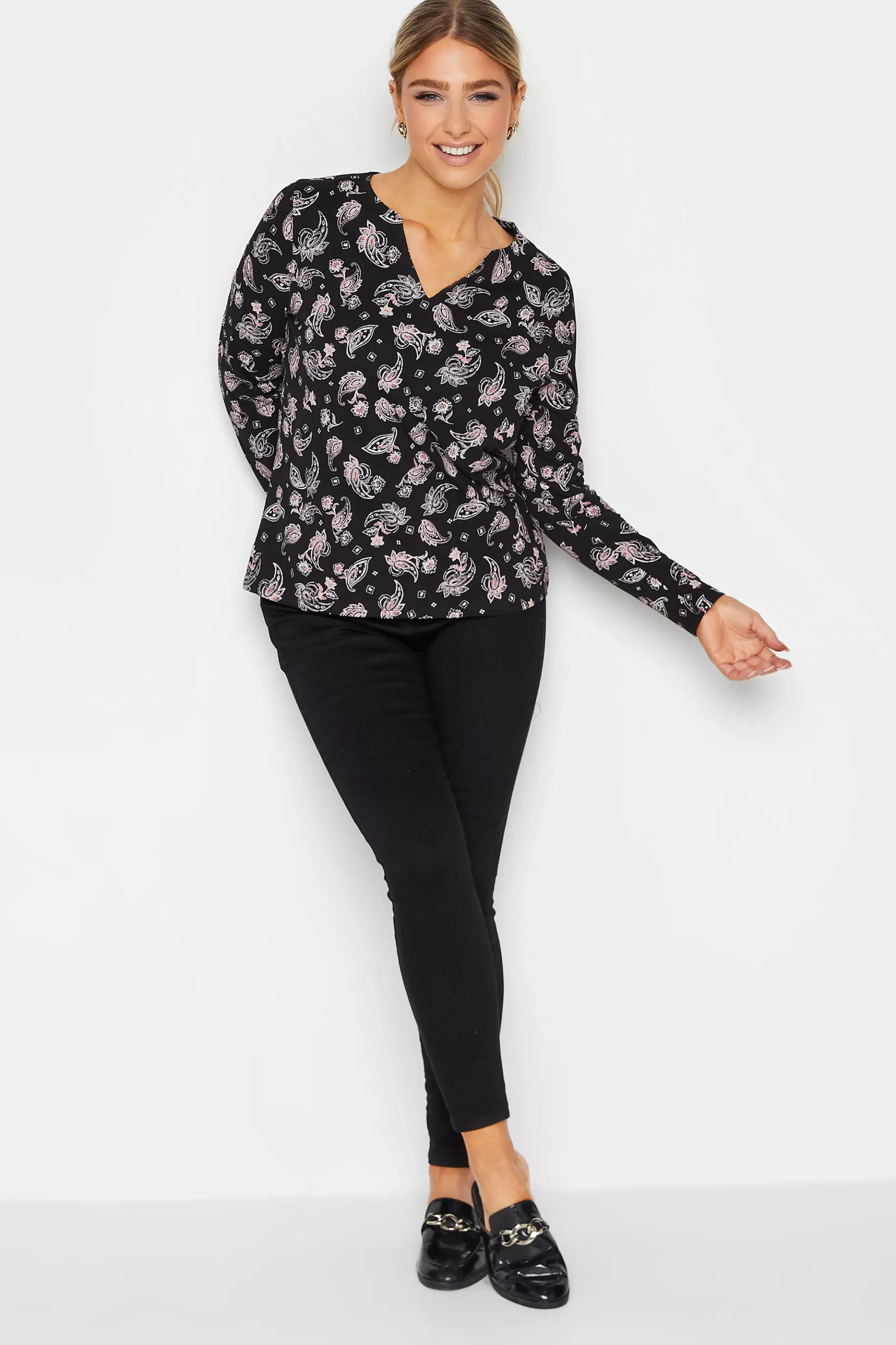 Women M&Co T-Shirts> Womens Black Paisley Print Notch Neck Cotton T-Shirt