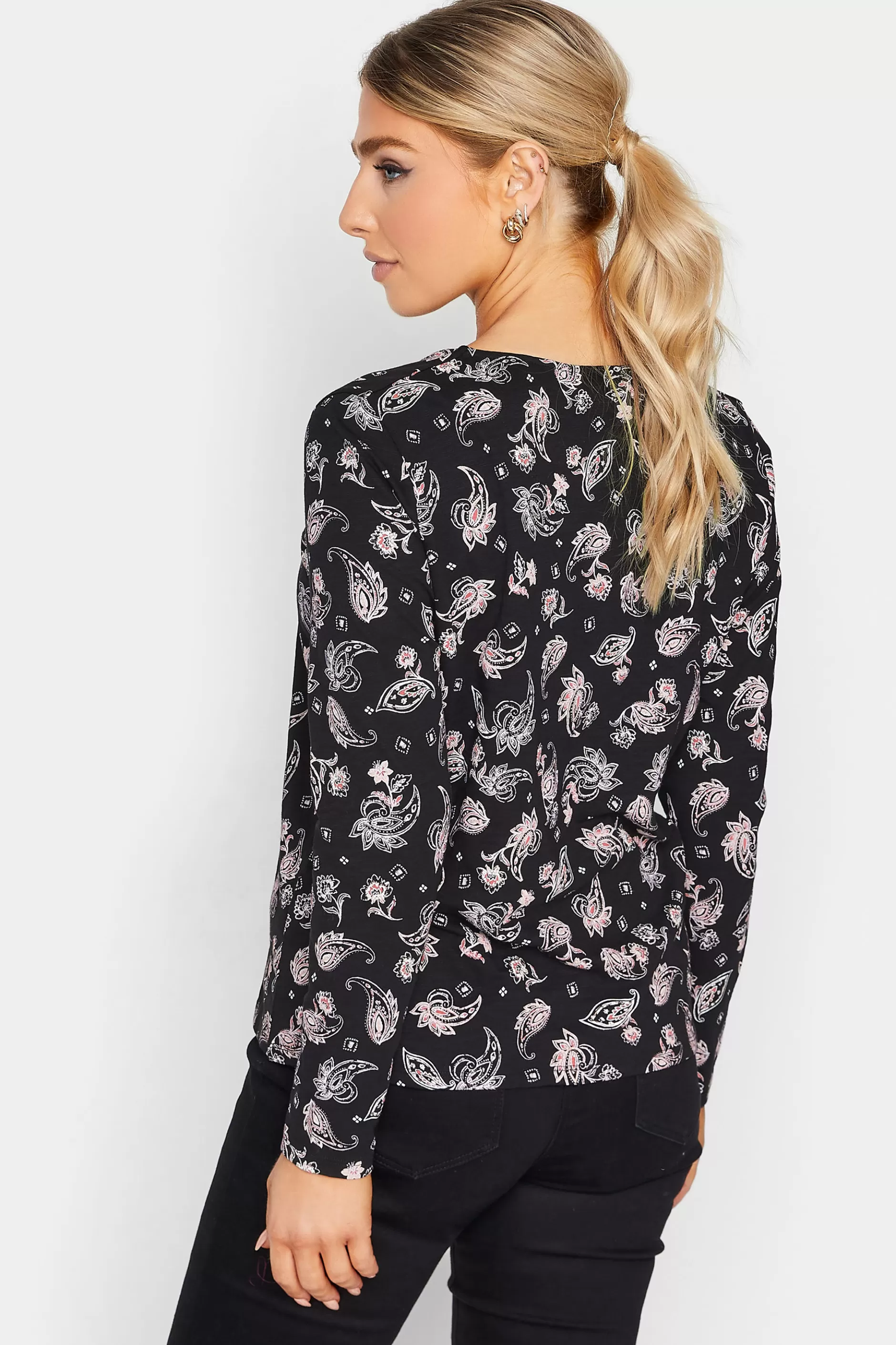 Women M&Co T-Shirts> Womens Black Paisley Print Notch Neck Cotton T-Shirt
