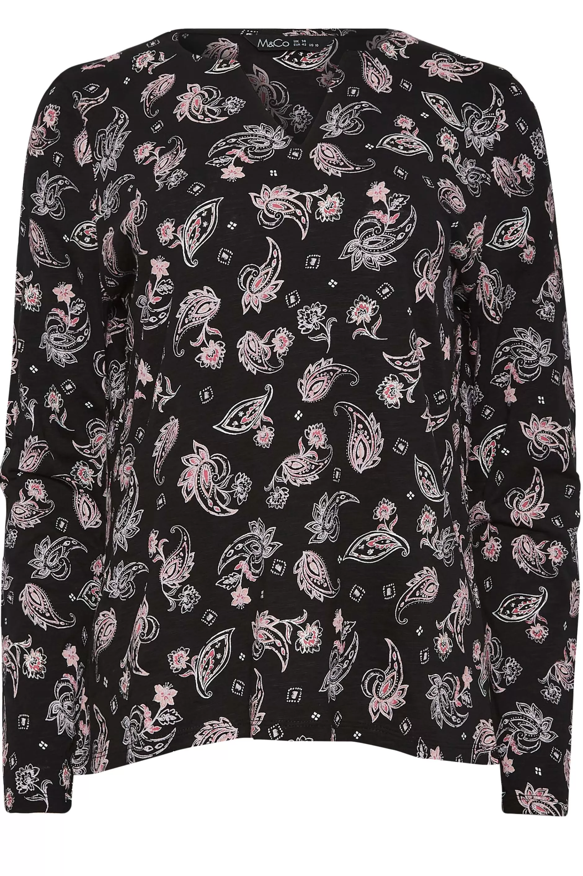 Women M&Co T-Shirts> Womens Black Paisley Print Notch Neck Cotton T-Shirt