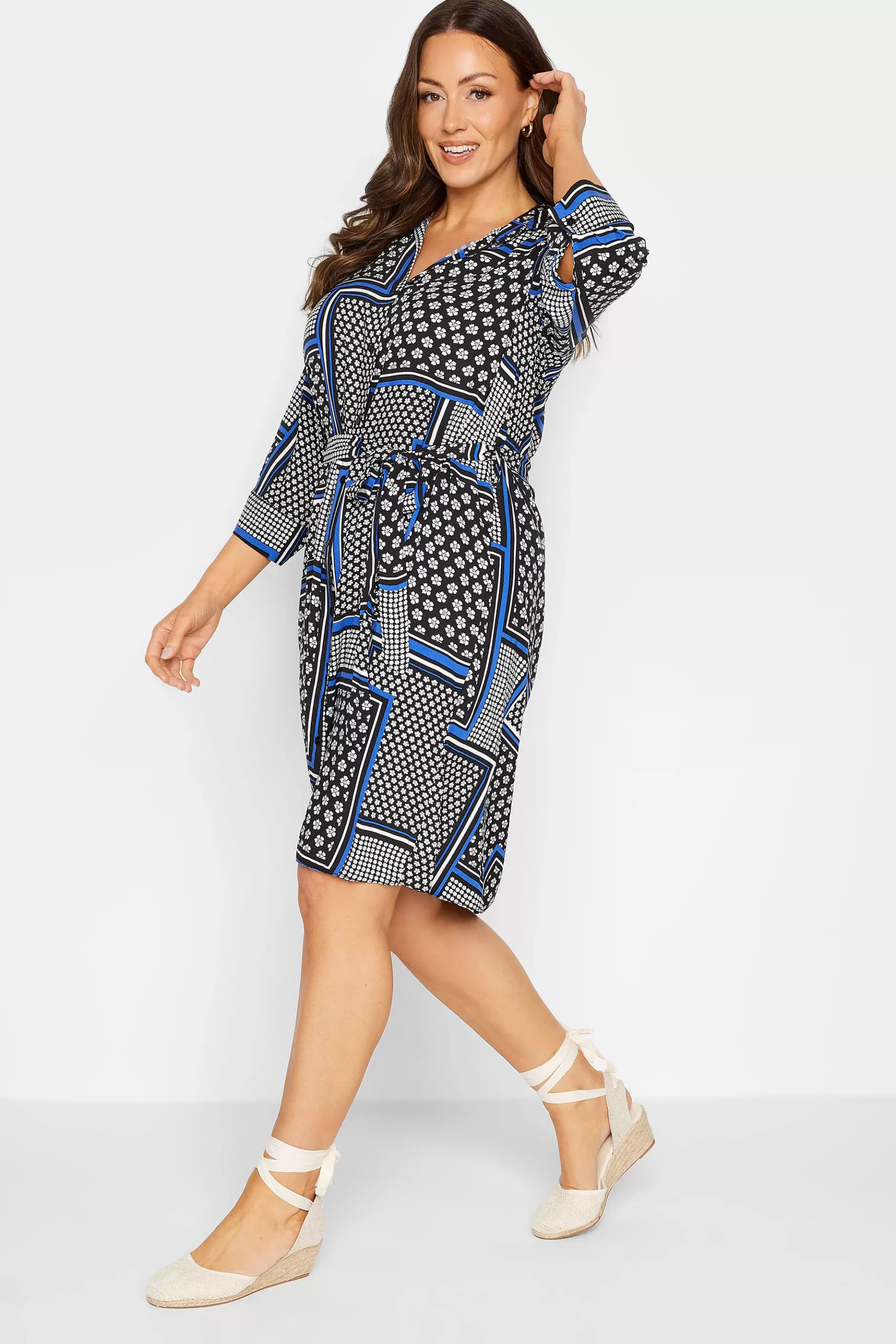 Women M&Co Shirt Dresses> Womens Black Patchwork Print Belted Tunic Shirt Dress
