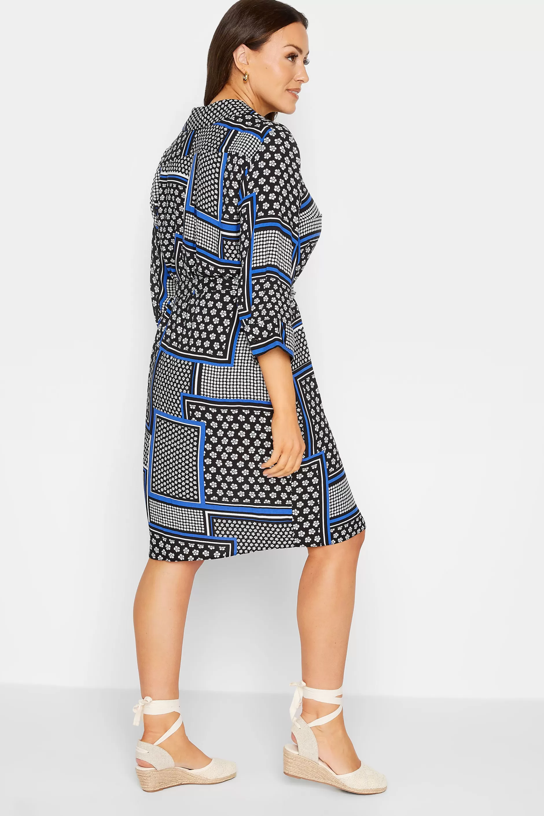 Women M&Co Shirt Dresses> Womens Black Patchwork Print Belted Tunic Shirt Dress