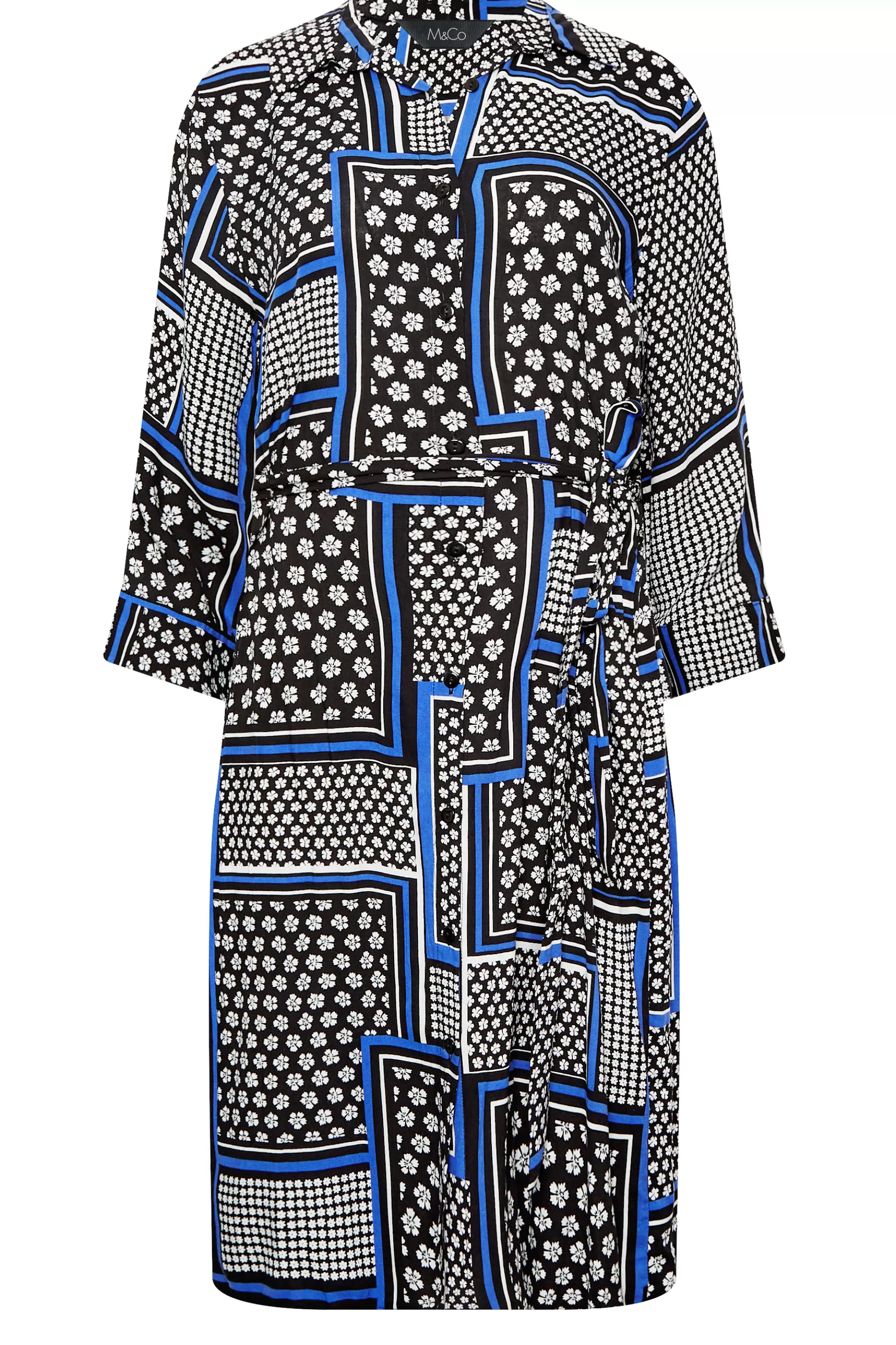 Women M&Co Shirt Dresses> Womens Black Patchwork Print Belted Tunic Shirt Dress