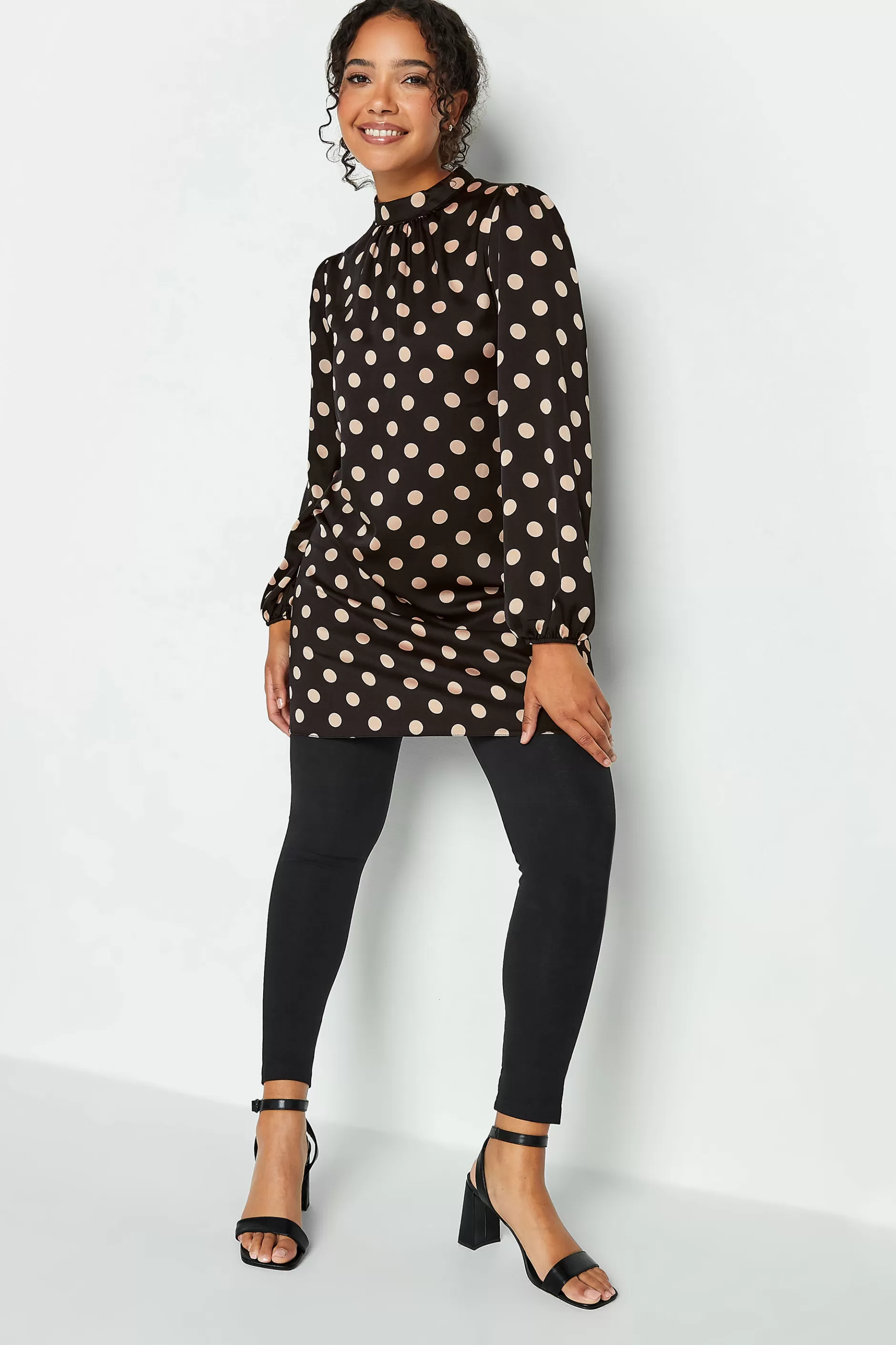 Women M&Co Long Sleeve Tops> Womens Black Polka Dot Print High Neck Tunic Blouse