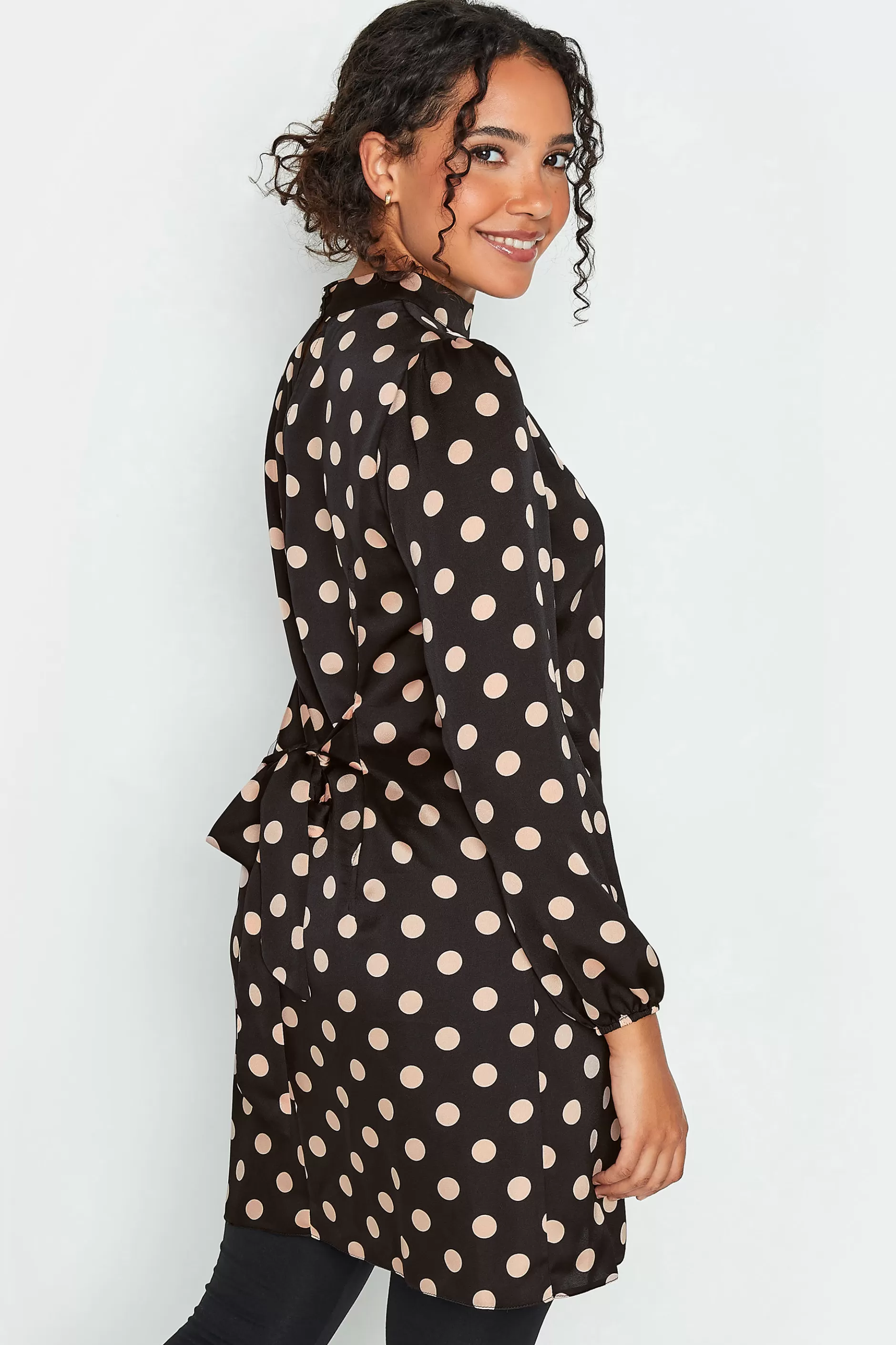 Women M&Co Long Sleeve Tops> Womens Black Polka Dot Print High Neck Tunic Blouse