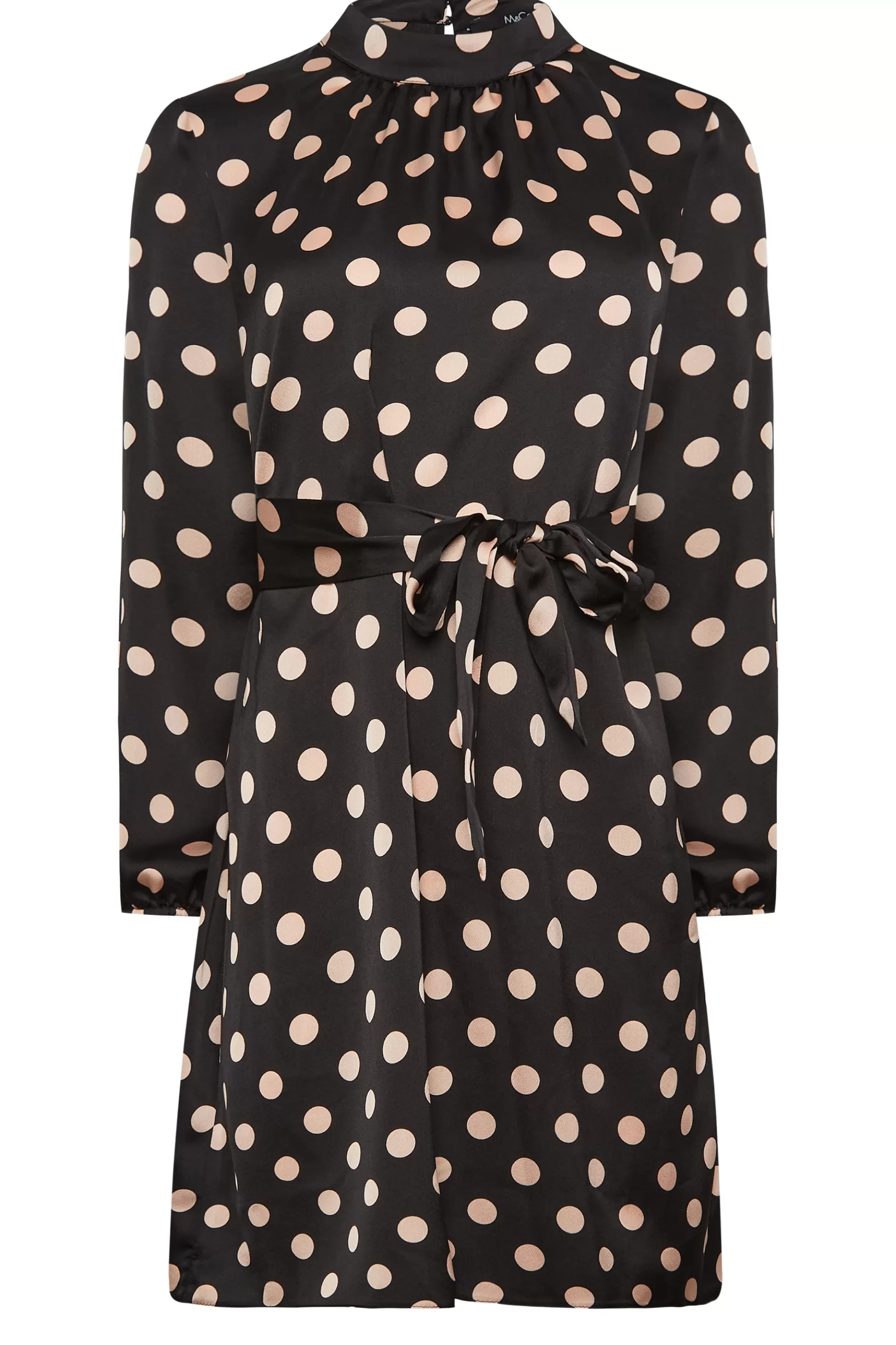 Women M&Co Long Sleeve Tops> Womens Black Polka Dot Print High Neck Tunic Blouse