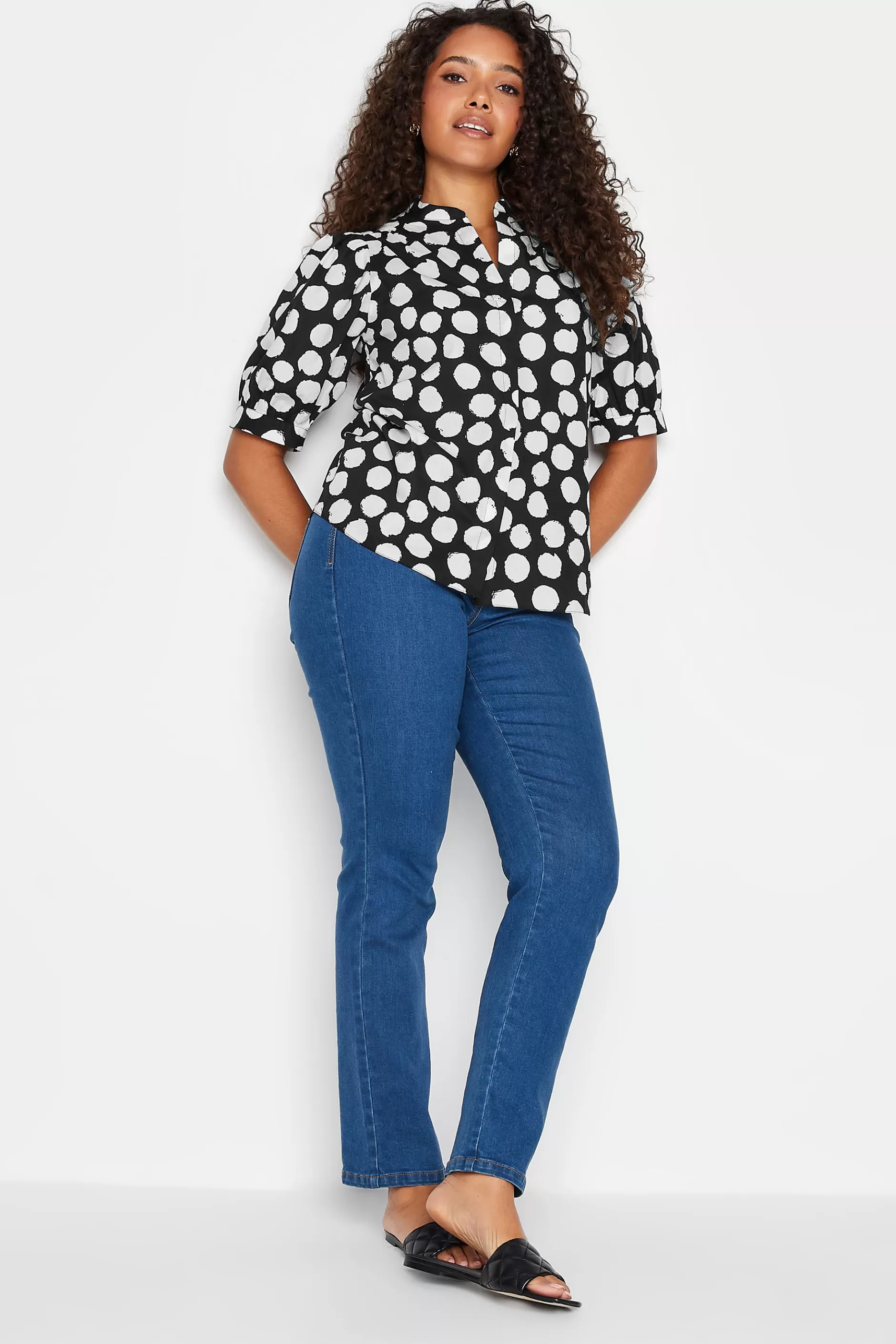 Women M&Co Short Sleeve Tops> Womens Black Polka Dot Puff Sleeve Shirt