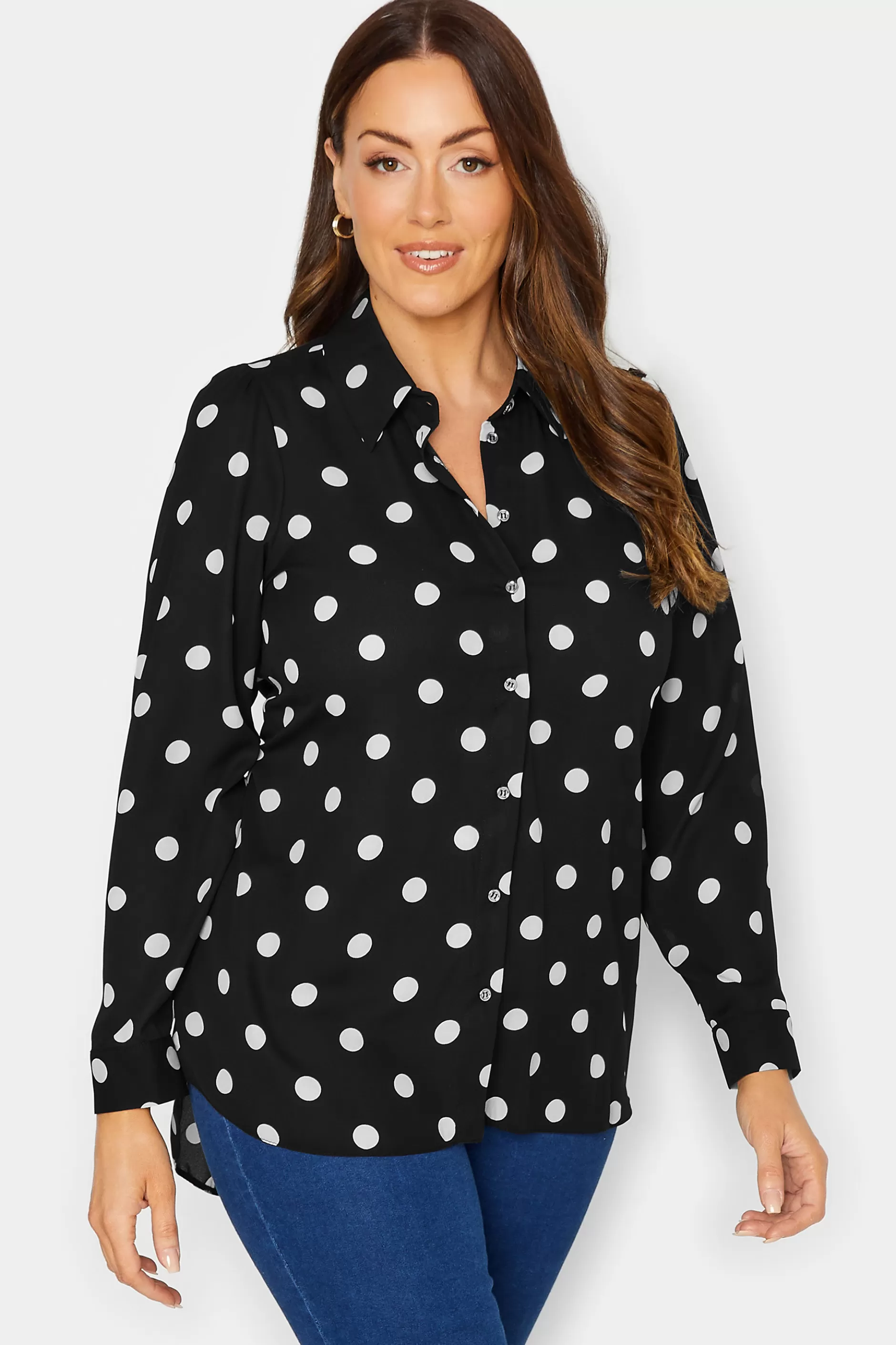 Women M&Co Shirts> Womens Black Polka Dot Tie Belt Shirt